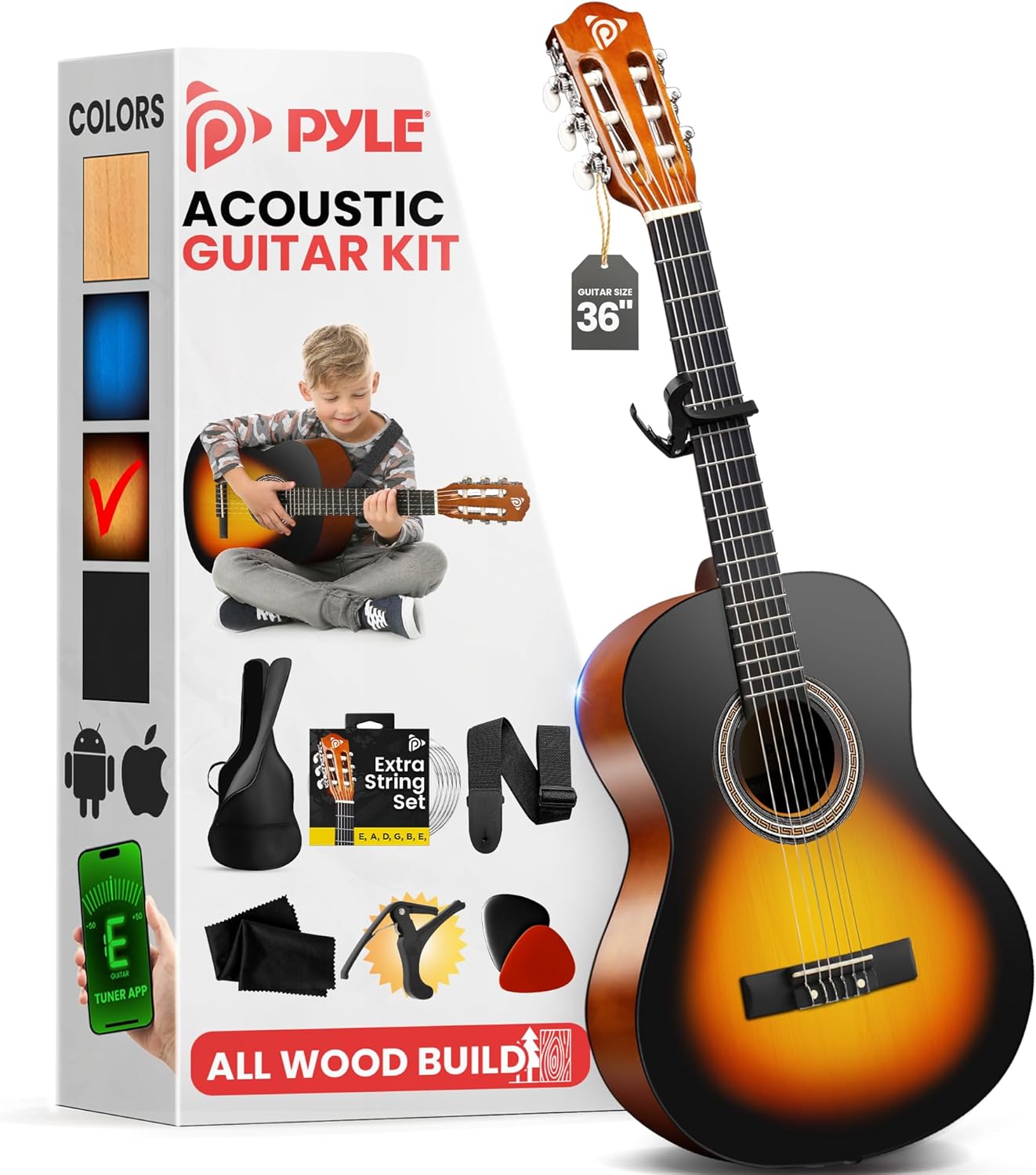 Pyle Classical Guitar Starter Kit - 36" 3/4th Size All Wood Instrument with Capo, Gig Bag, Strings, Strap, Picks Sunburst Right Handed 36" Sunburst Teardrop Gloss