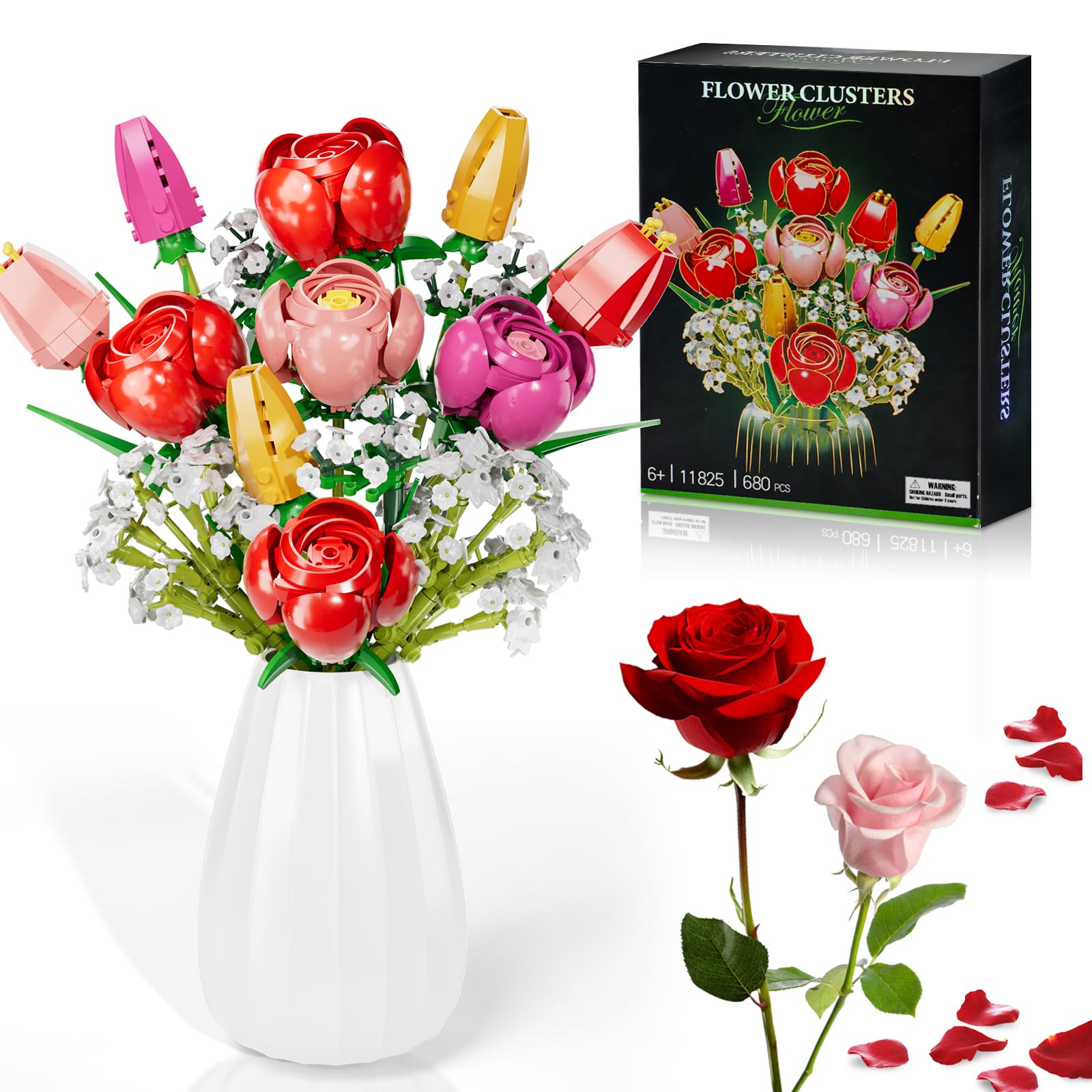 Building Blocks Flowers Bouquet Kit, 680PCS Everlasting Roses/Tulips Artificial Flowers Set, Creative Gift for Mothers Day, Valentines, Christmas, Birthdays, Ages 6+ & Adults (No Vase)