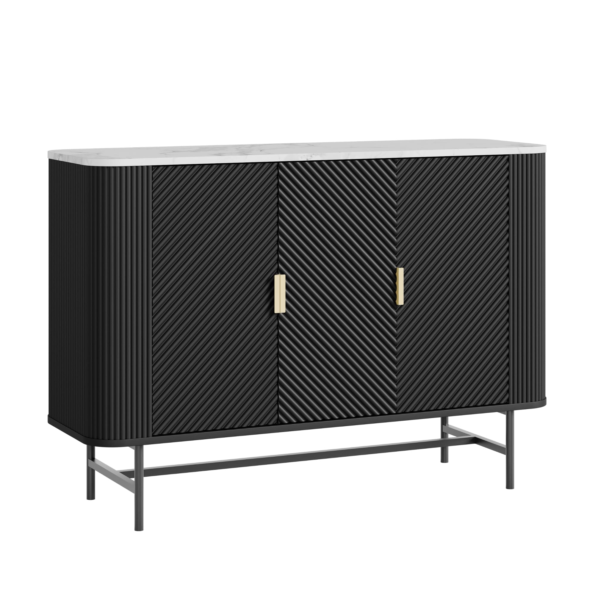 [en.casa] Mobile Contenitore a 3 Ante Credenza con 4 Scomparti e Pannelli Decorativi Madia Buffet con Ripiani per Soggiorno Sala da Pranzo Ingresso 110 x 40 x 77 cm - Nero/Effetto Marmo Bianco