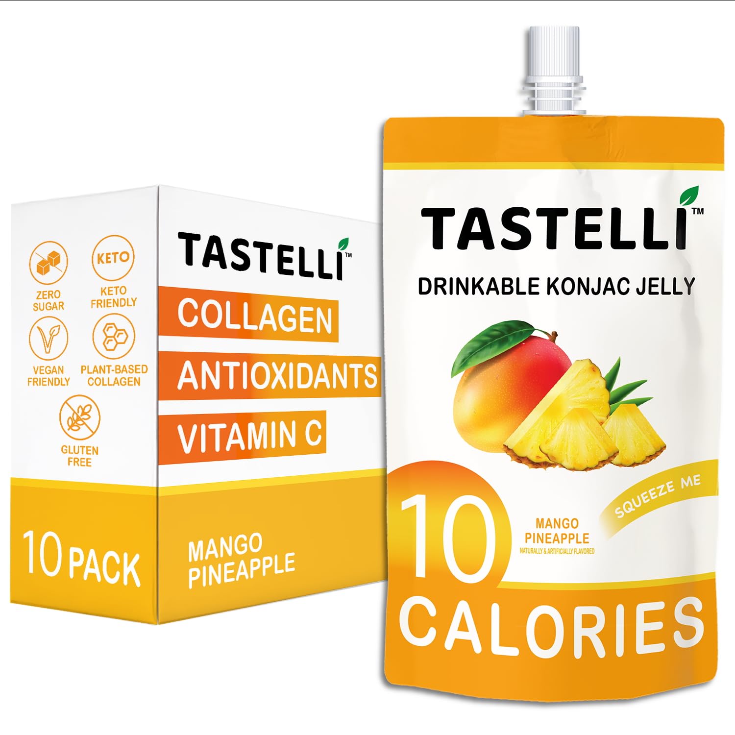 Tastelli Konjac Jelly Infused with Collagen & Vitamin C | Gluten Free, Sugar Free, Low Calorie | Vegan Drinkable Fruit Jelly Snack | Mango Pineapple | 150mL x 10 Pouches