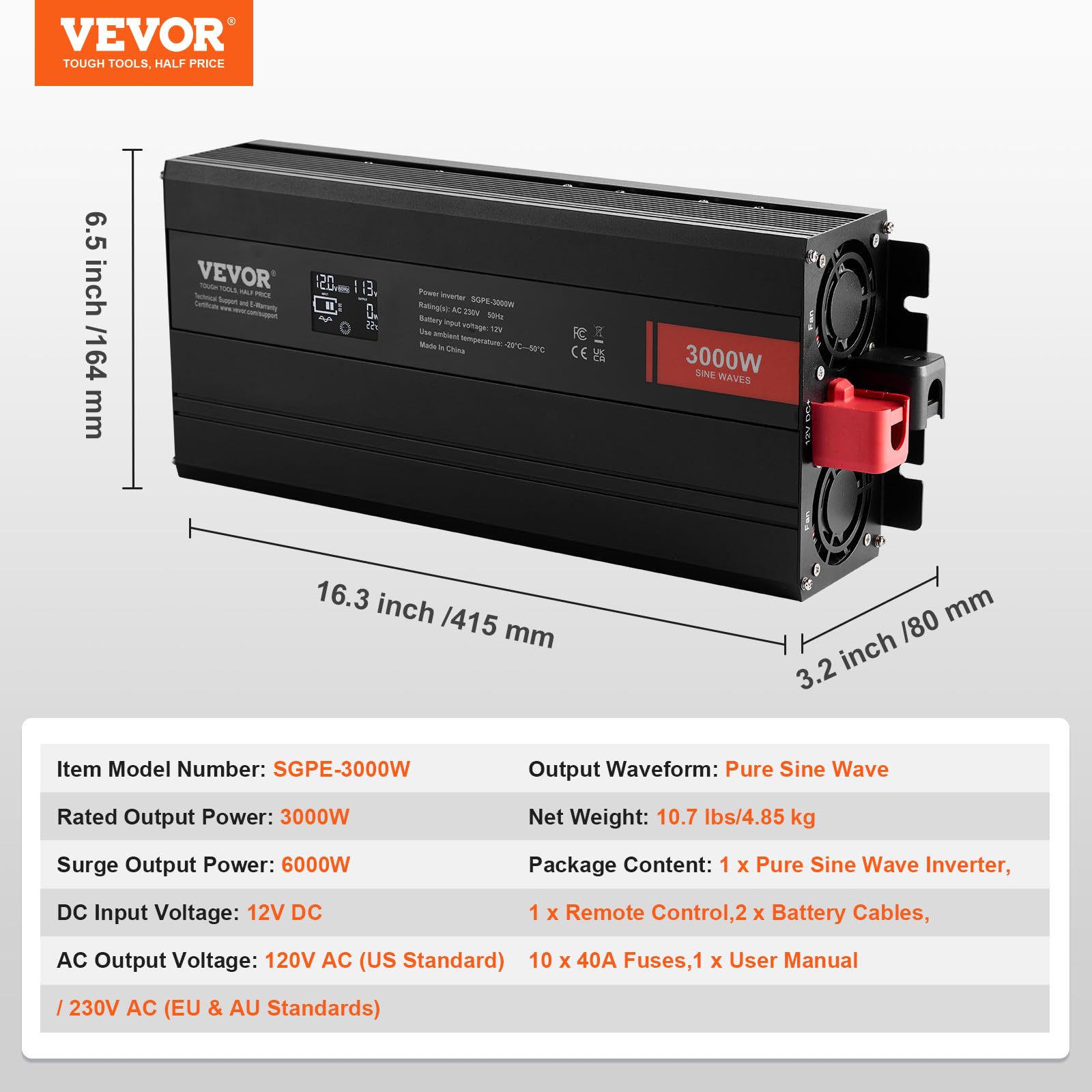 VEVOR Convertitore di Potenza a Onda Sinusoidale, Convertitore Potenza 3000W CC da 12V a CA 230V Display LCD e Telecomando per Grandi Elettrodomestici, FCC