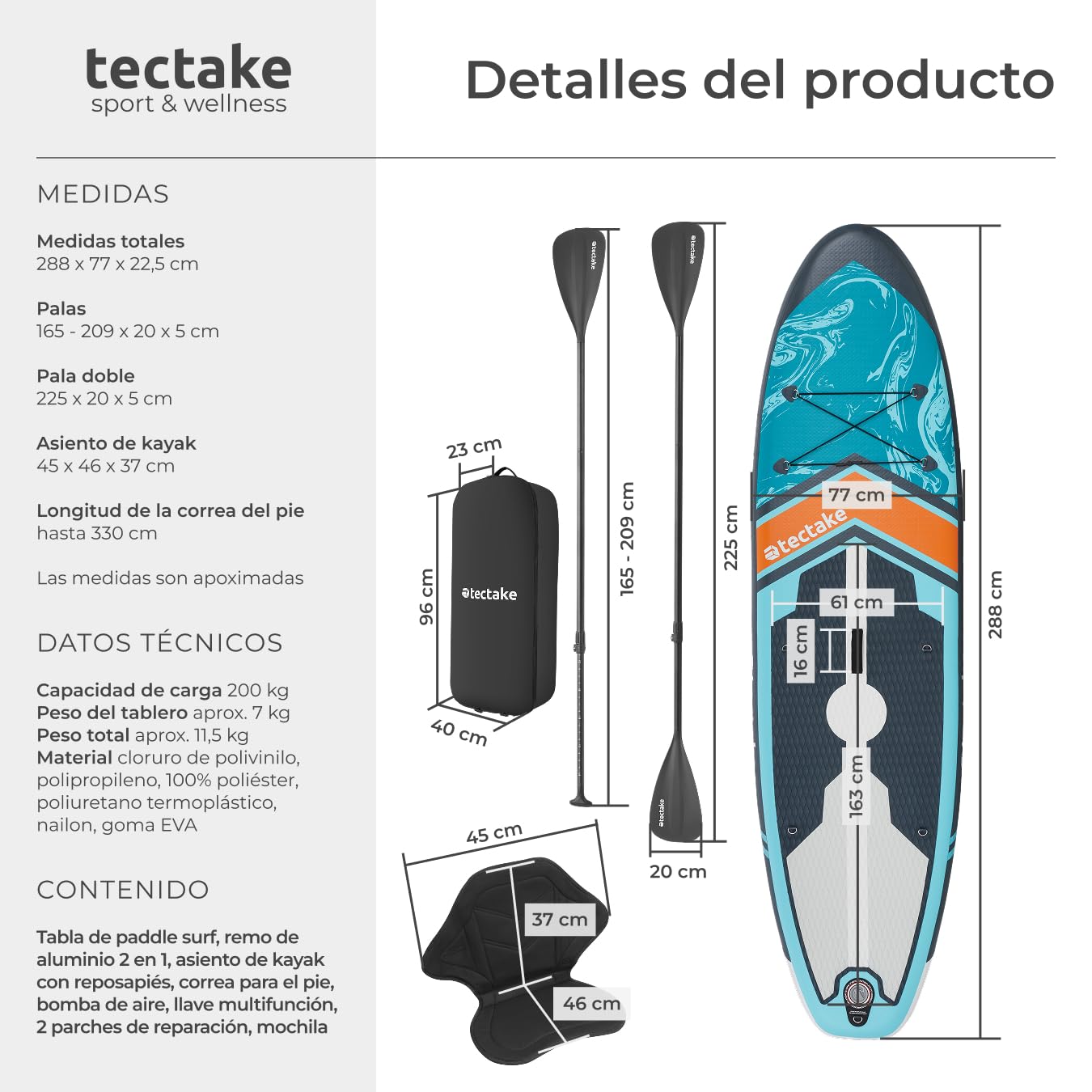 tectake® Tabla de Paddle Surf Hinchable, Incluye Remo 2 en 1, Asiento Incorporado de Kayak, Sup Hinchable, Bomba de Aire, Mochila Remo Doble y 3 Aletas, Tabla Hinchable, Carga Máx: 200kg