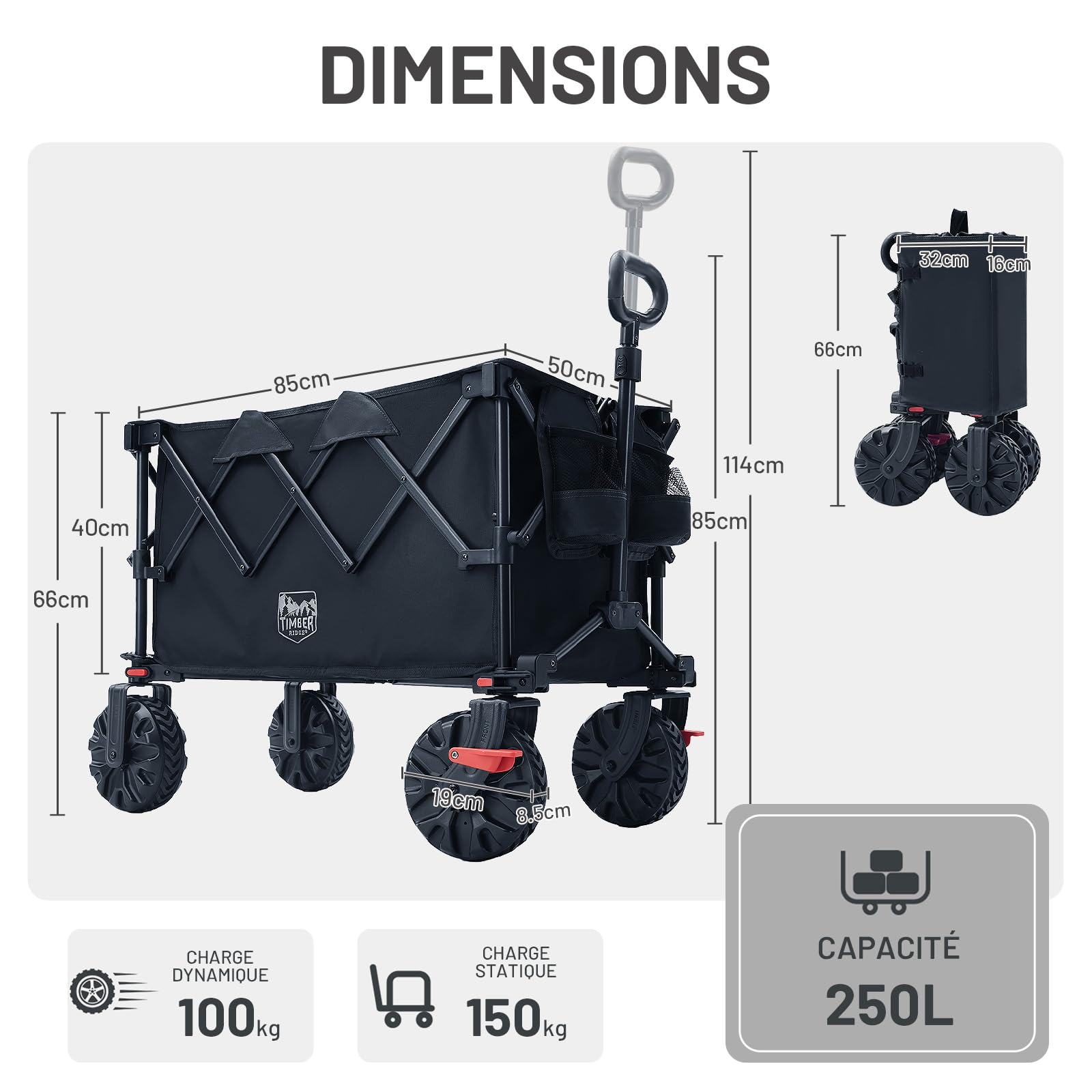 TIMBER RIDGE Chariot de Plage 250L Pliable Roues Tout-Terrain Amovibles avec Freins, Poignée Télescopique Réglable, Porte-Gobelet pour Plage, Camping, Festivals, Jardin Et Pique-Nique Extérieur