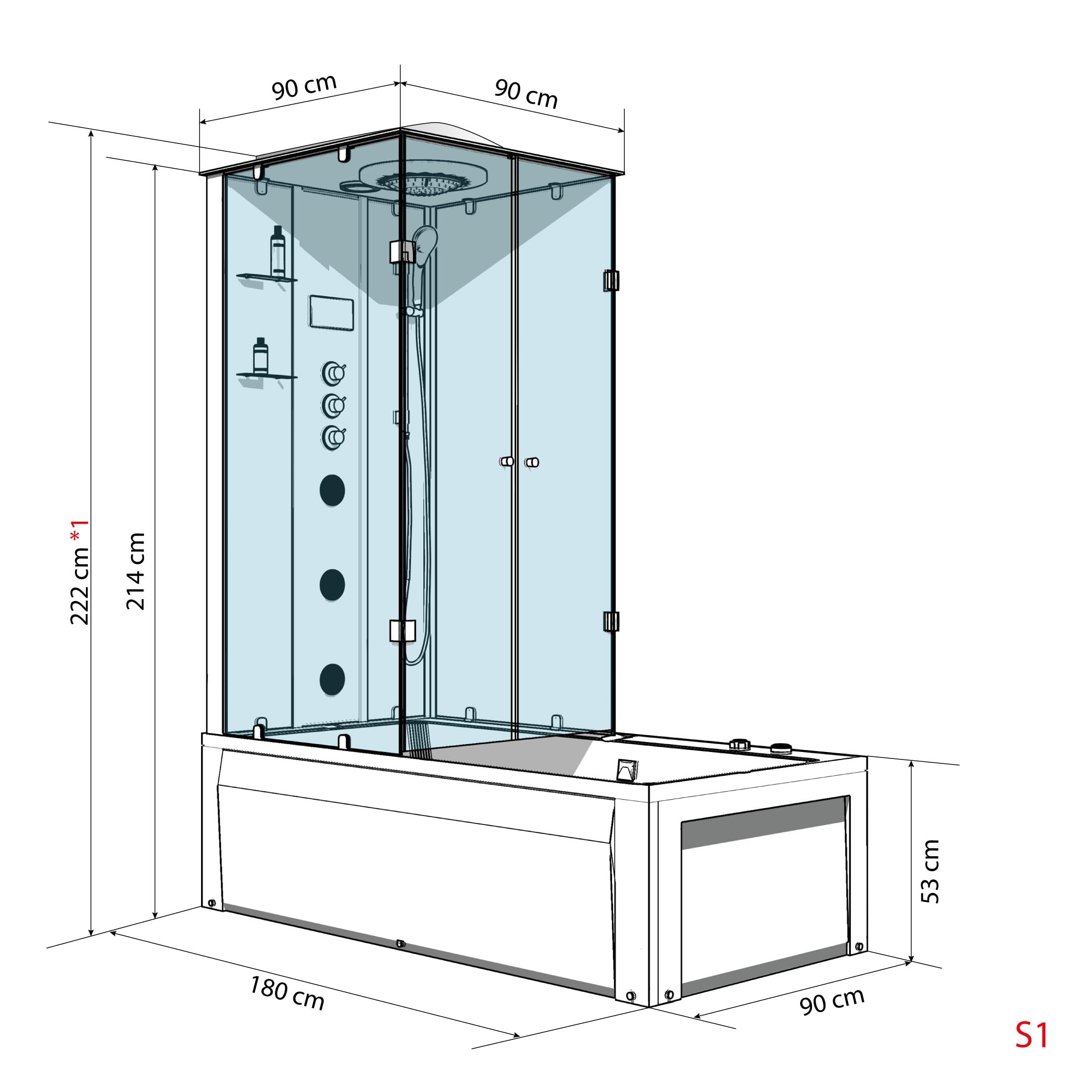AcquaVapore Whirlpool Dusche Kombination K05-R01-WP-EC Duschtempel 90x180 cm mit 2K Scheiben Versiegelung