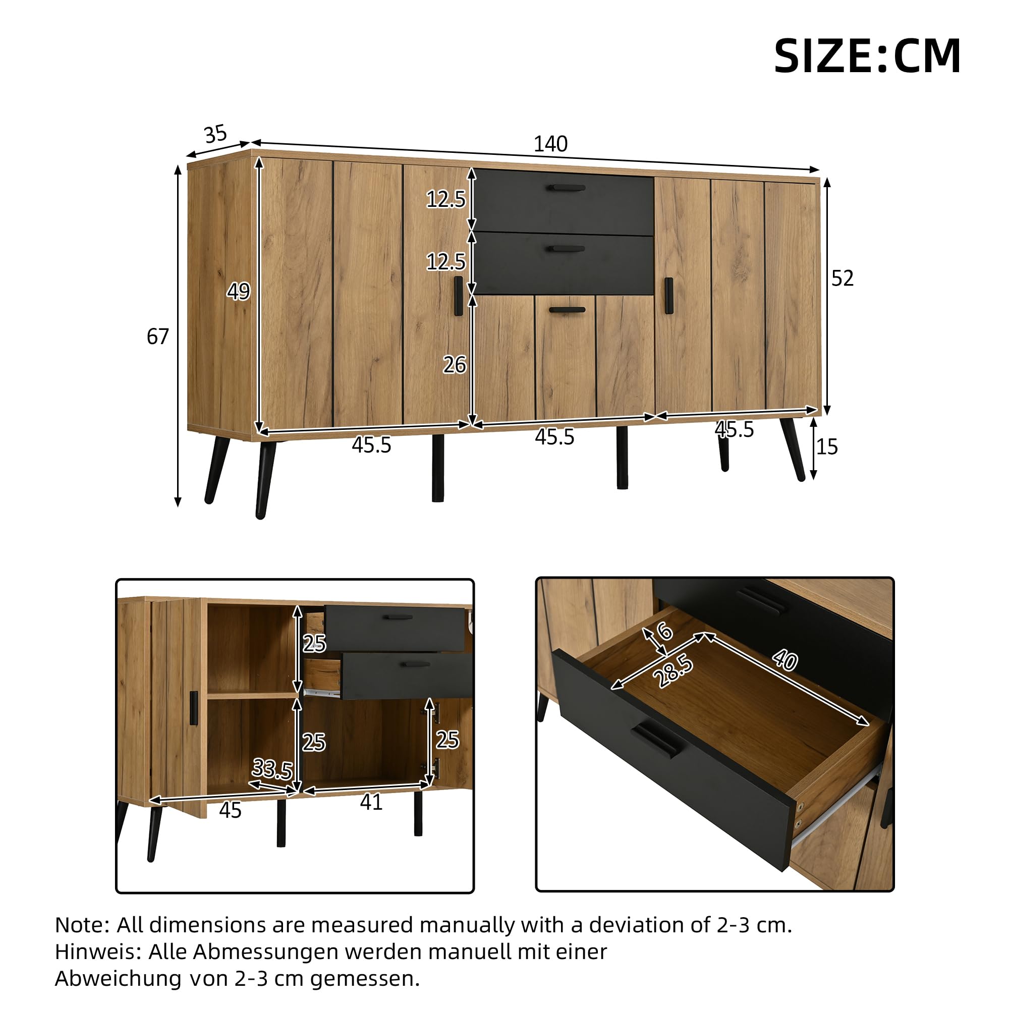 Credenza con 3 ante e 2 cassetti, effetto legno e nero, 140 x 35 x 67 cm, per soggiorno, sala da pranzo, cucina