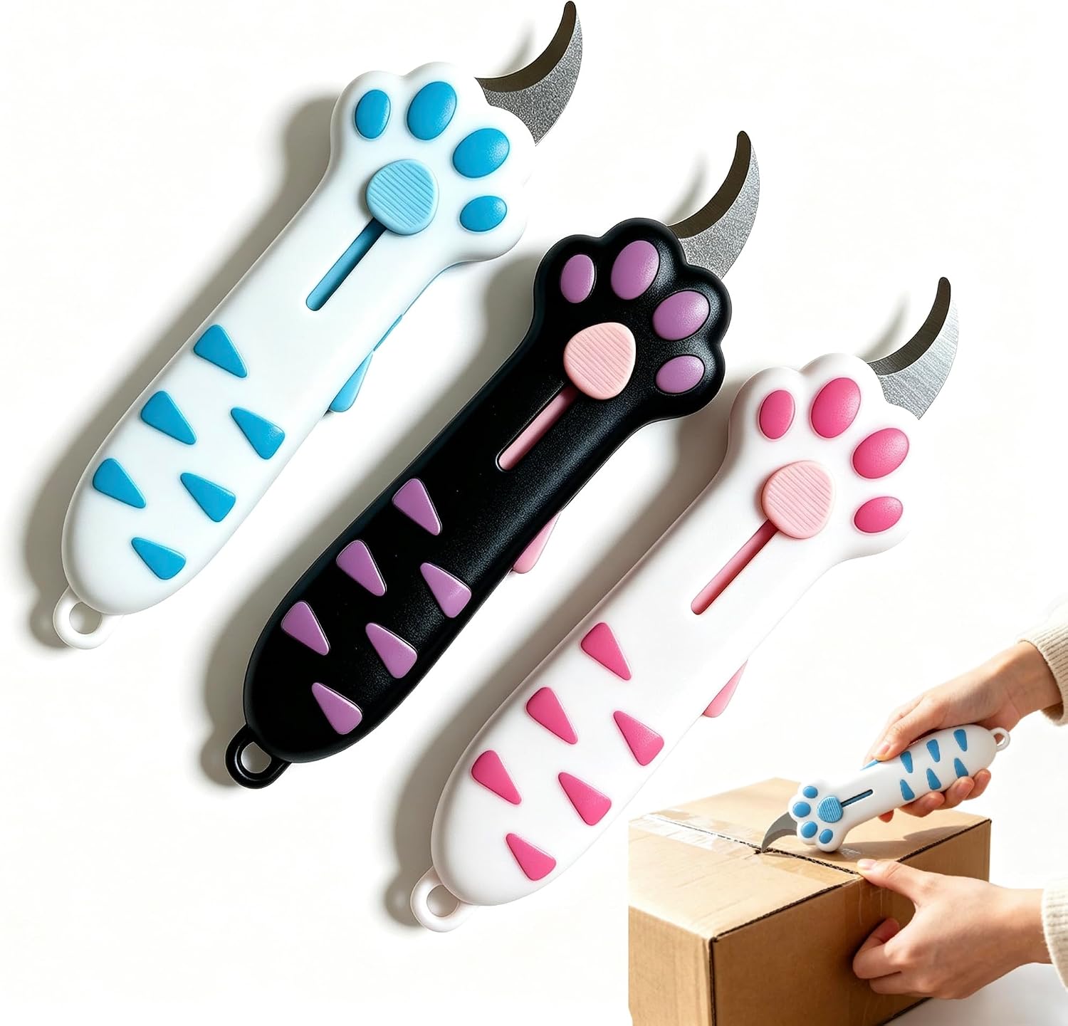 Cat Paw Box Cutter 3-Piece Set, Retractable Cat Claw Knife with Cute Paw Handle, Portable Utility Box Opener for Home Office Package Carton & Tape Cutting