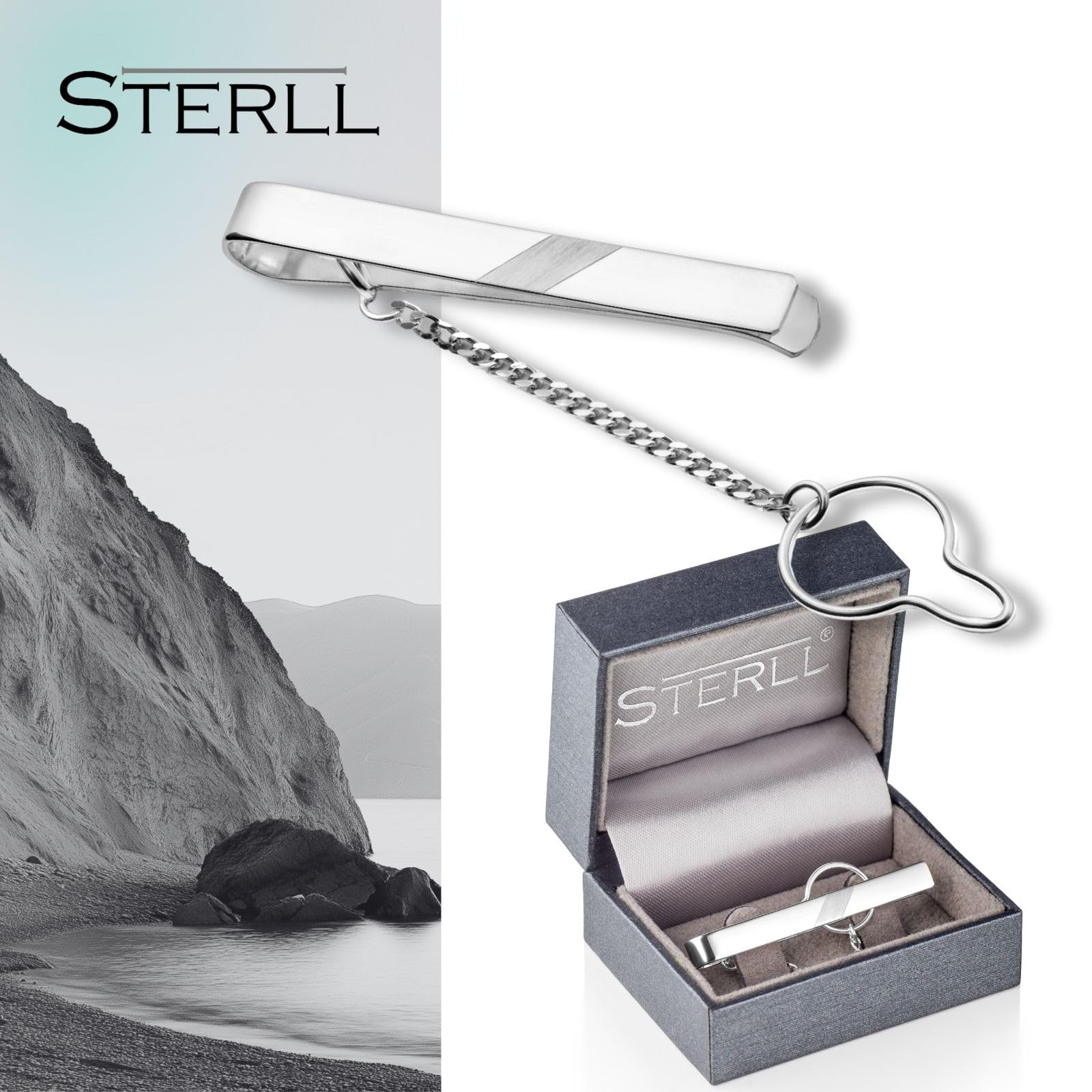 Spilla Per Cravatta Da Uomo In Argento 925 Con Design Spazzolato E Catena Di Sicurezza