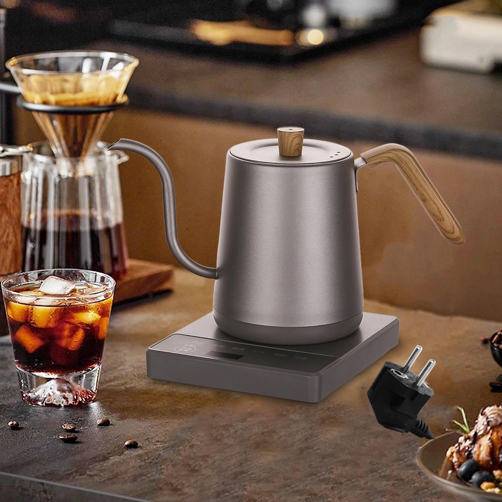 Hervidor Eléctrico de Cuello de Cisne, 1 Litro de Acero Inoxidable, Tetera Ligera para Café, Oficina, Hogar, Exterior, Picnic- Gris