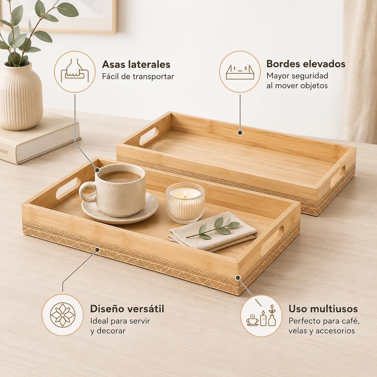 RS02181 Set de 2 Bandejas de Bambú Natural Rectangulares, Bandeja de Sirvir con Asas Doble Diseño y Detalles Geométricos, para Cocina, Mesa y Desayuno