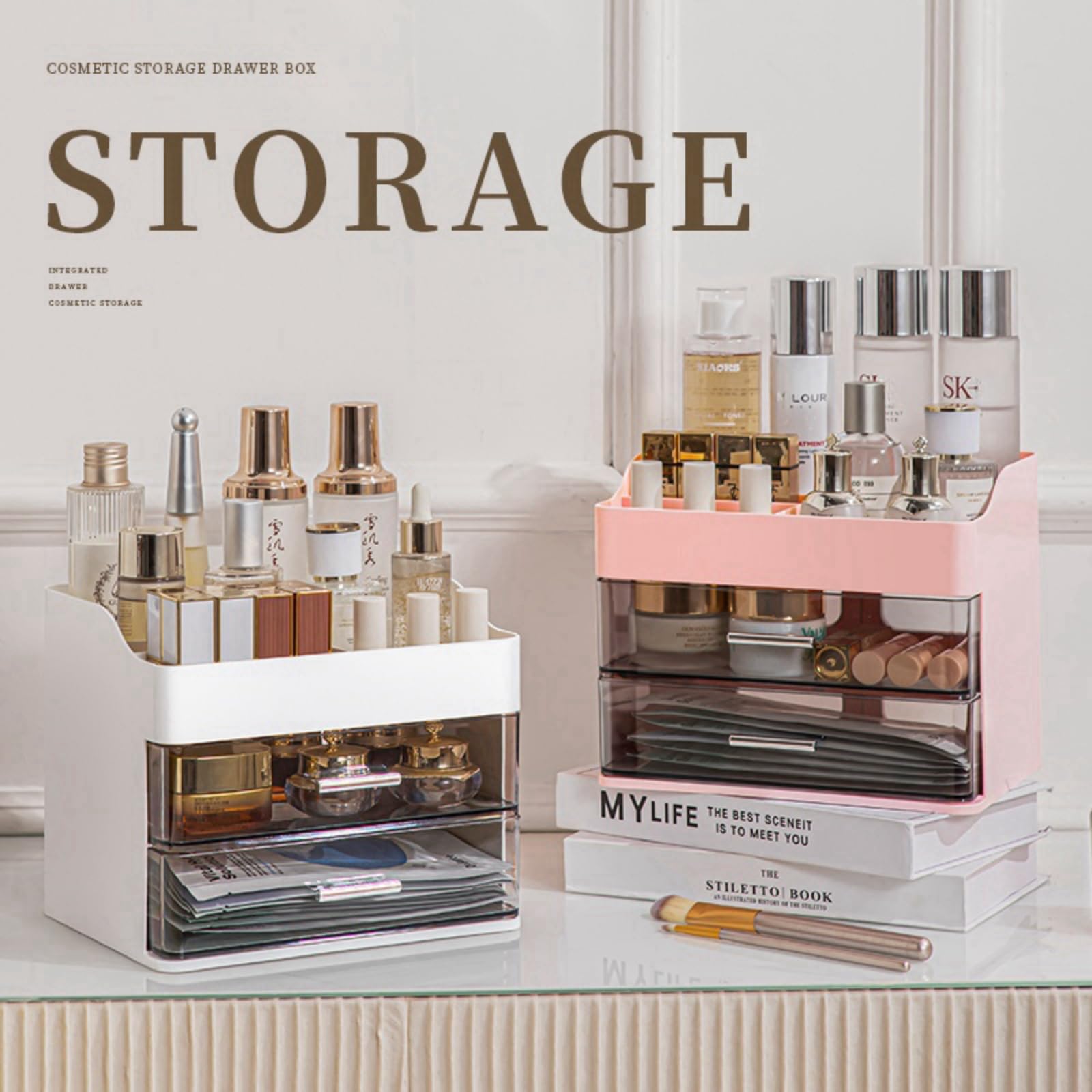 Organizer per trucchi con 2 cassetti, espositore per cosmetici, scatola portaoggetti (bianco)