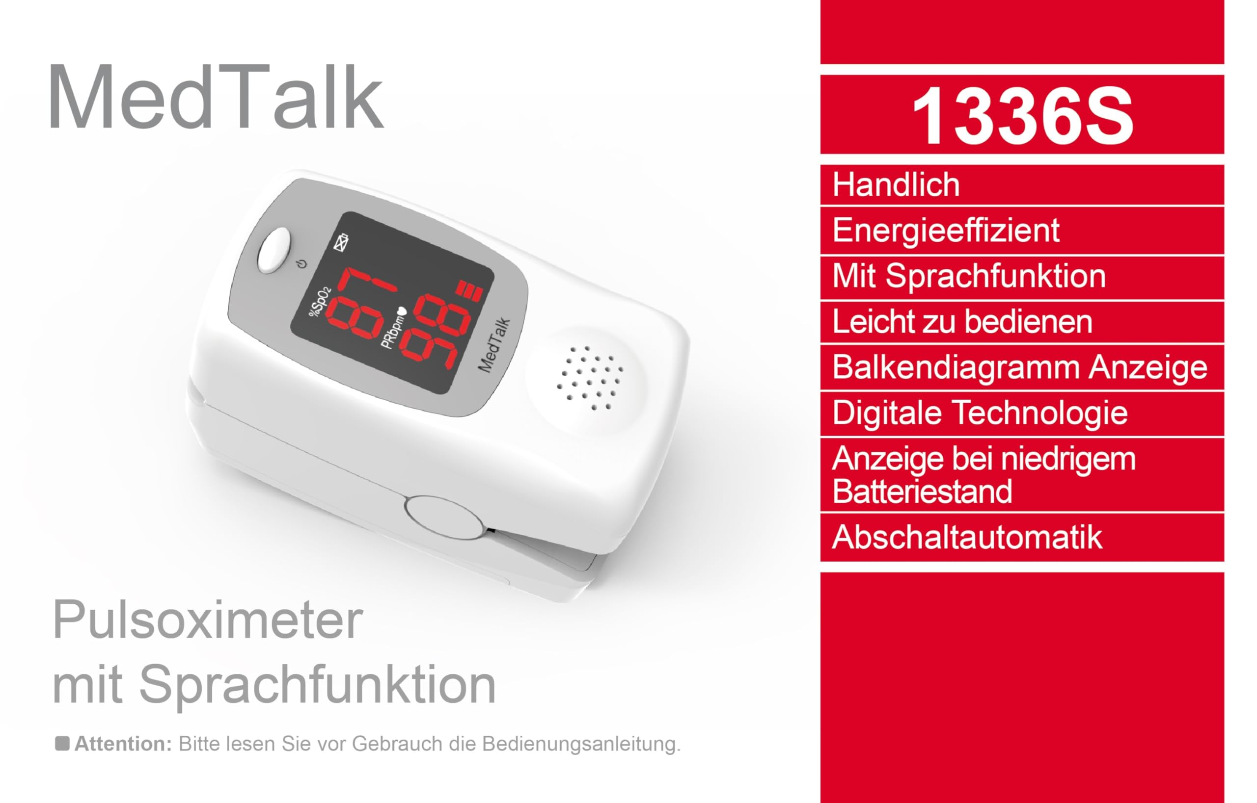 Deutsch sprechendes Pulsoximeter I 1336S I Für den Finger I Misst Pulsfrequenz und Sauerstoffsättigung I Einfache Bedienung I Abschaltautomatik