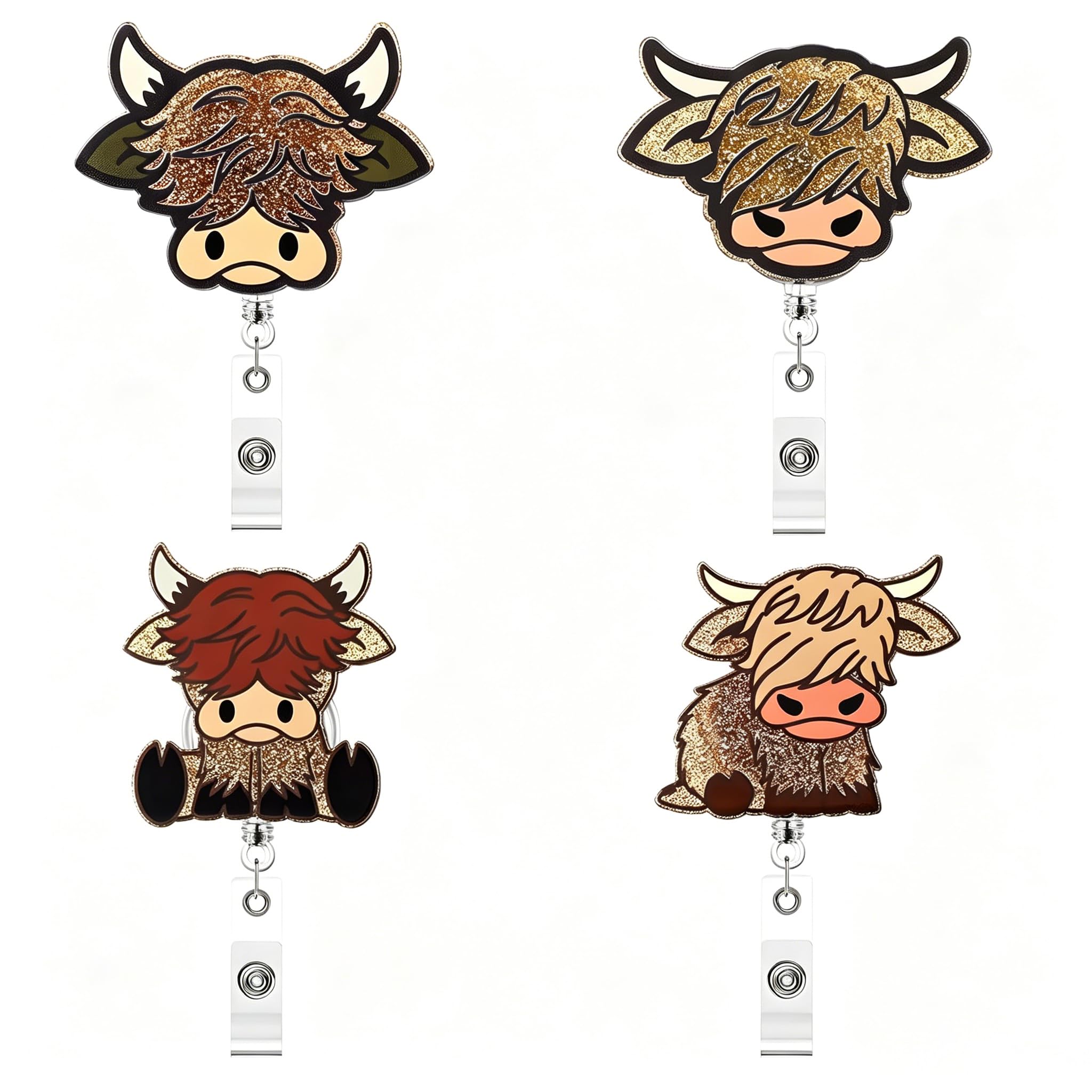 4Pcs Highland Cow Retractable Badge Holders, Cute Badge Reels with Glitter, Retractable Lanyard ID Badge Holder for Nurses, Teachers, Office Staffs, Students