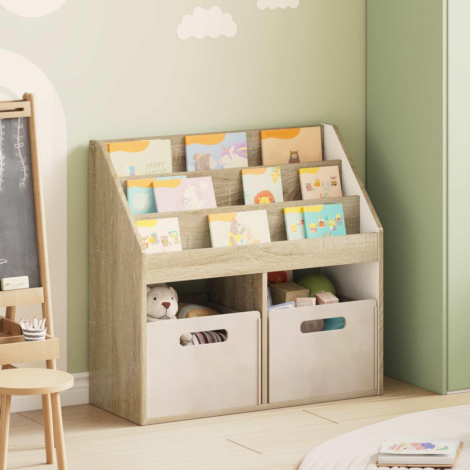 Estante de almacenamiento de madera de 72,5 x 29,5 x 69 cm de madera en roble Sonoma para libros y juguetes con diseño independiente y fácil montaje