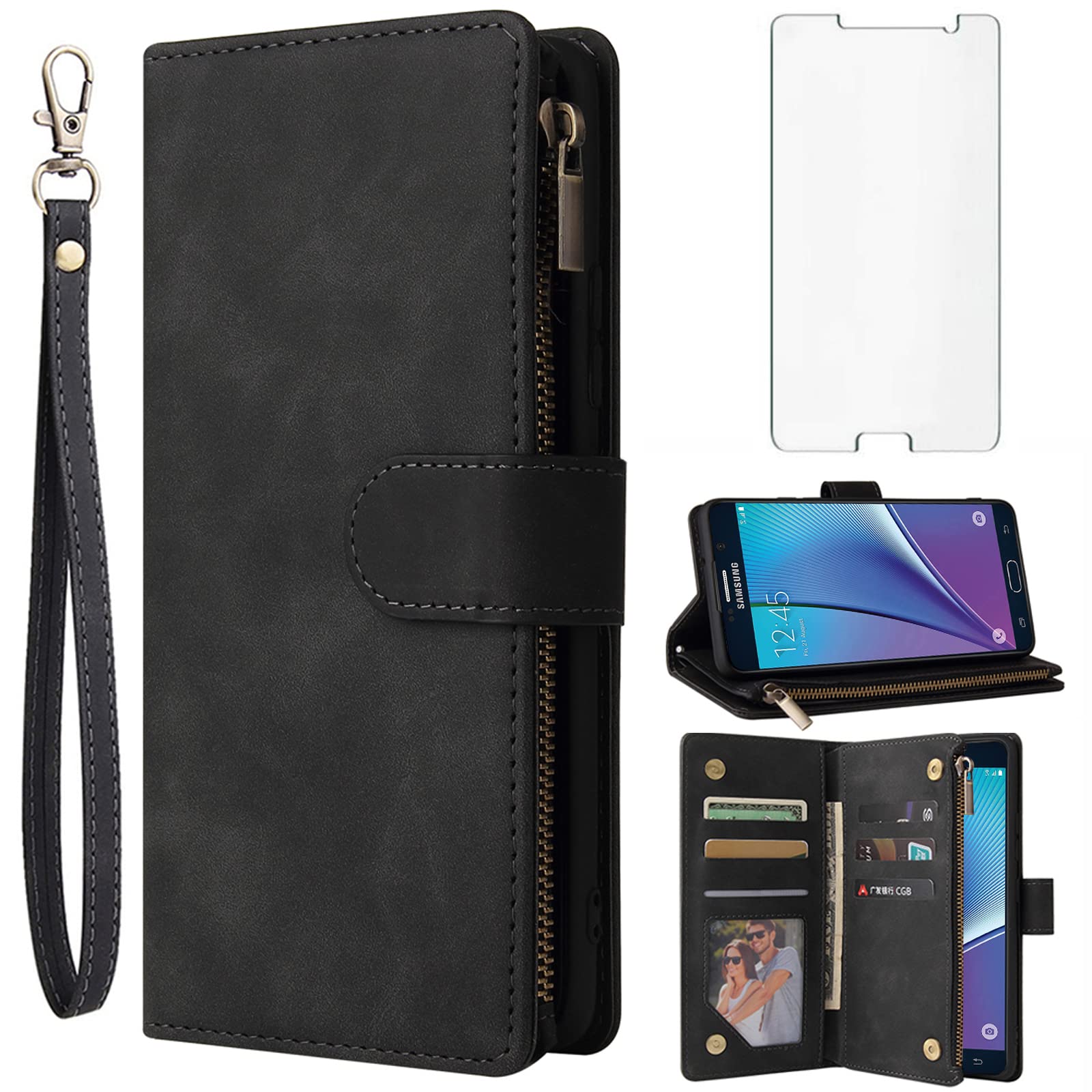 Asuwish Compatible with Samsung Galaxy Note 5 Wallet Case Tempered Glass Screen Protector and Flip Cover Card Holder Cell Accessories Phone Cases for Glaxay Note5 Gaxaly Notes 5s Five Women Men Black