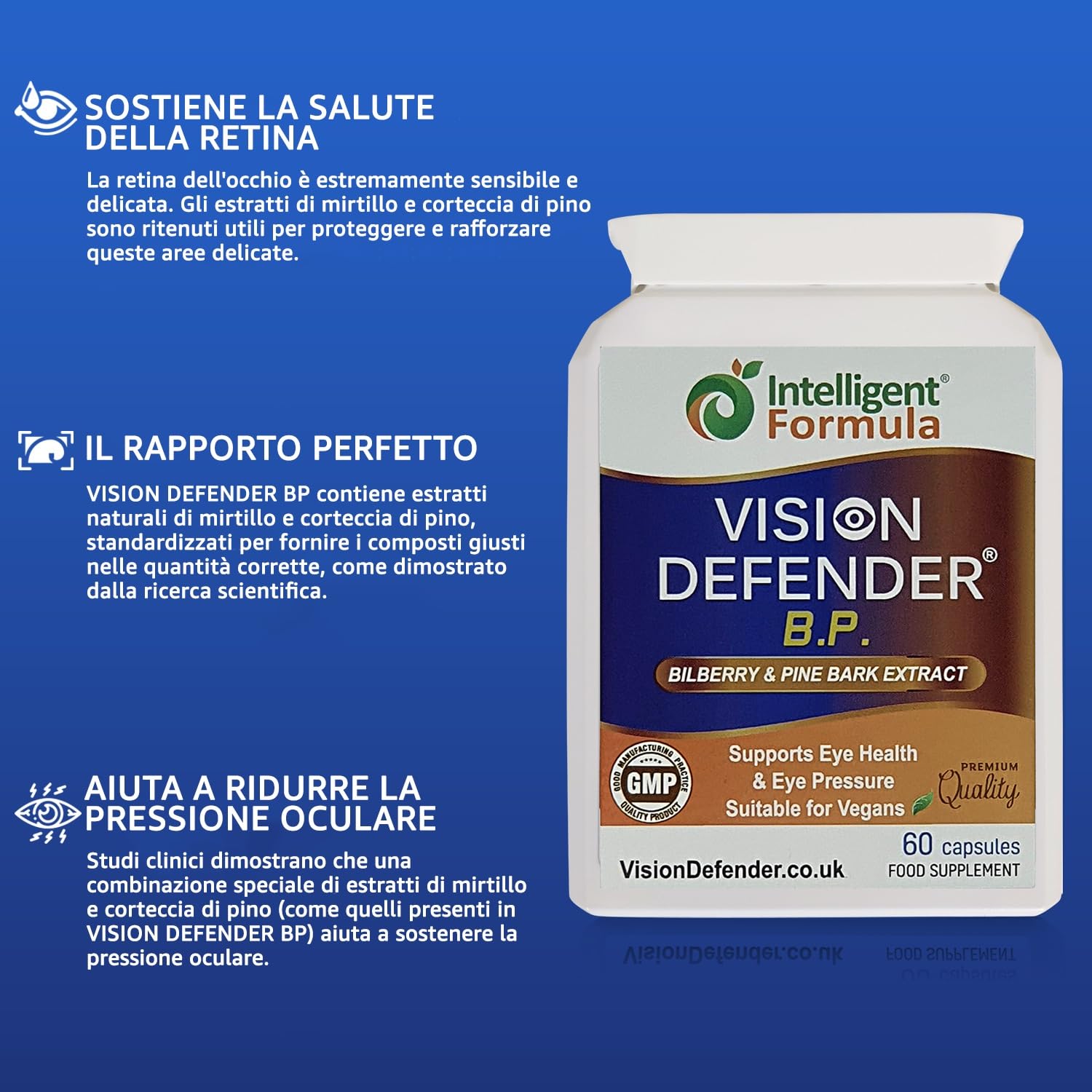 Supplemento di estratto di corteccia di mirtillo e pino: VISION DEFENDER BP– Antiossidanti Antociani e procianidine per la pressione oculare e il supporto per la salute degli occhi (60 capsule vegane)
