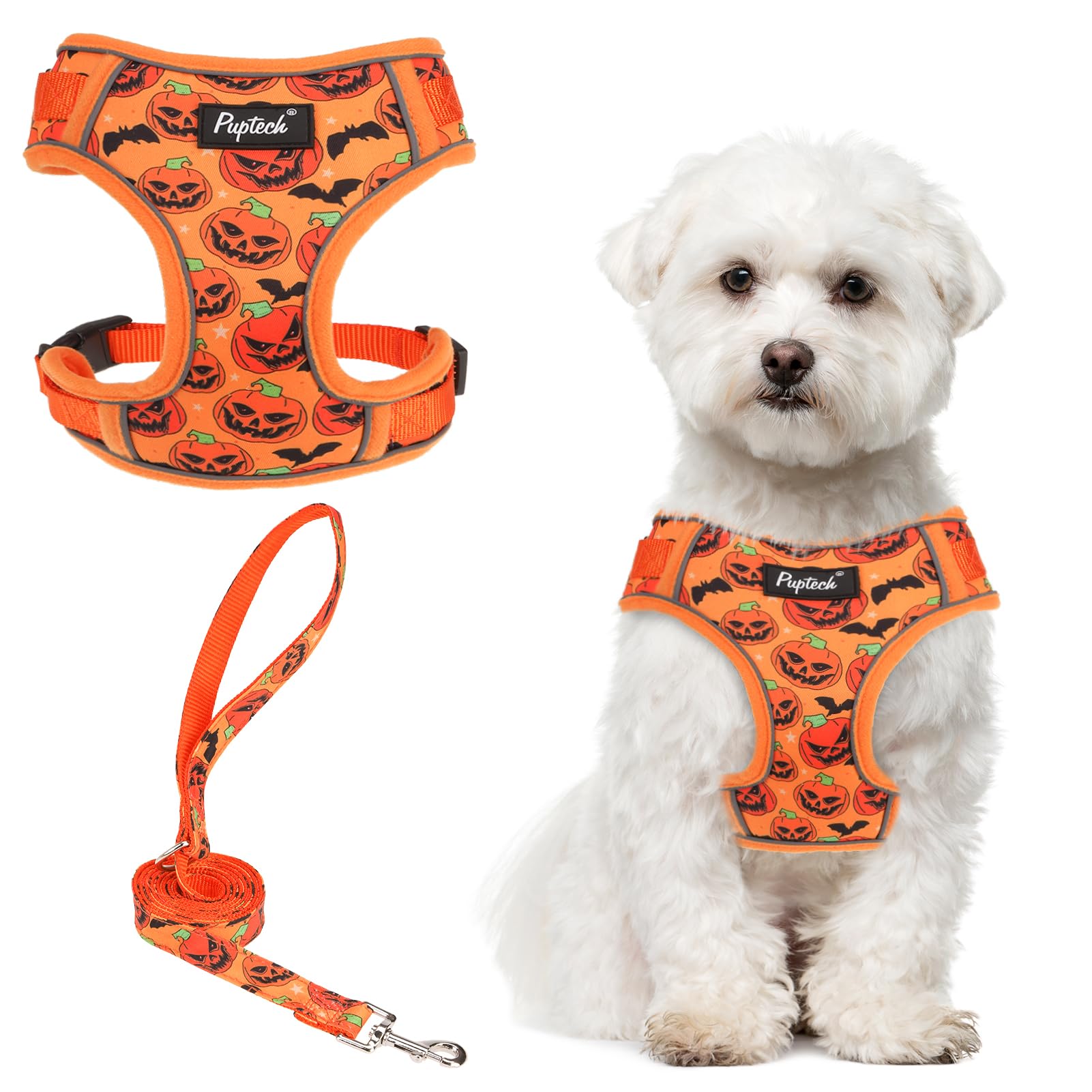 PUPTECK Halloween Small Dog Harness and Leash Set, No Pull Adjustable Puppy Cat Harness, Reflective Soft Mesh Pet Vest Small Sized, Pumpkin, M