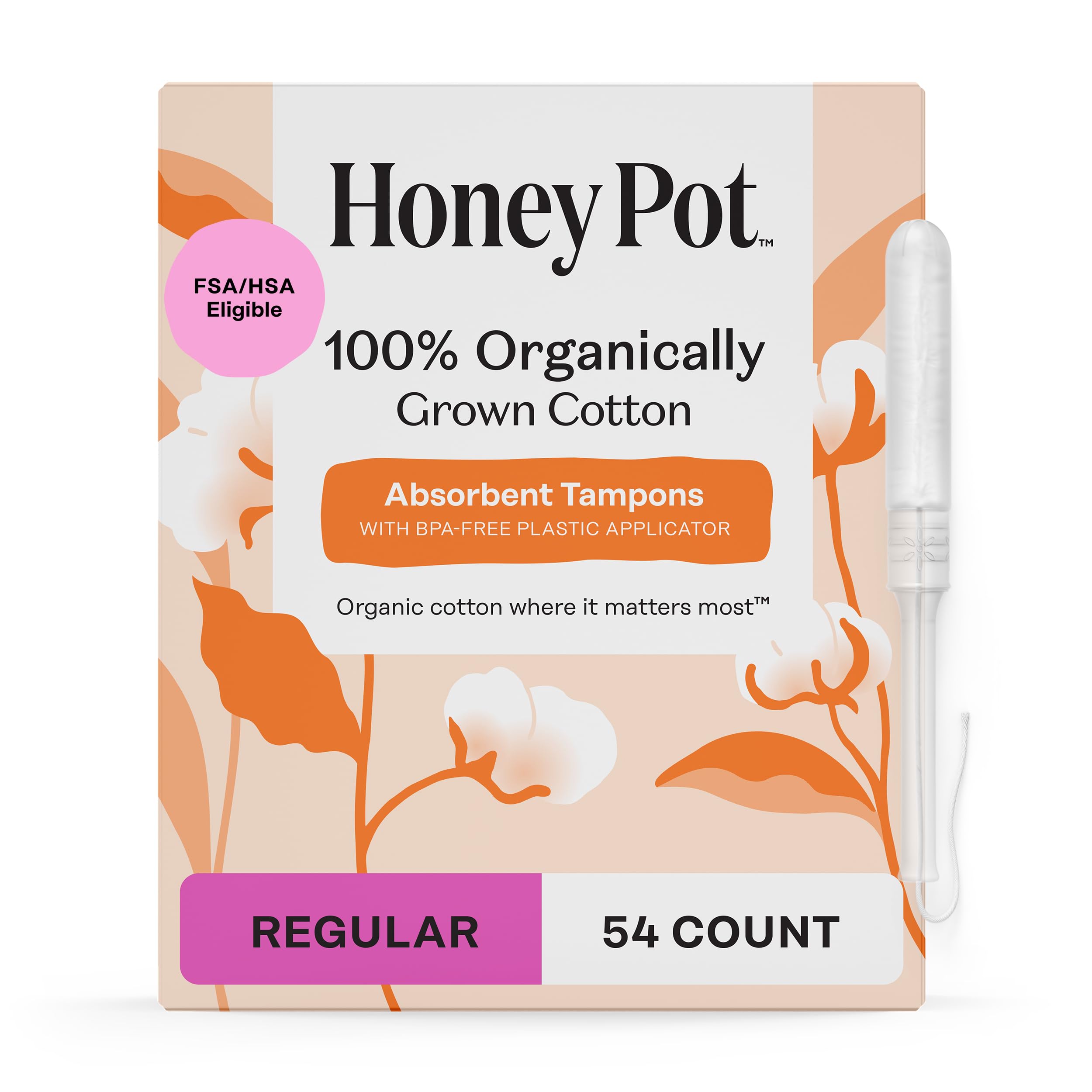 The Honey Pot Company - Regular Absorbency - 100 Organic Cotton Core Tampons w Bio Plastic Applicator -