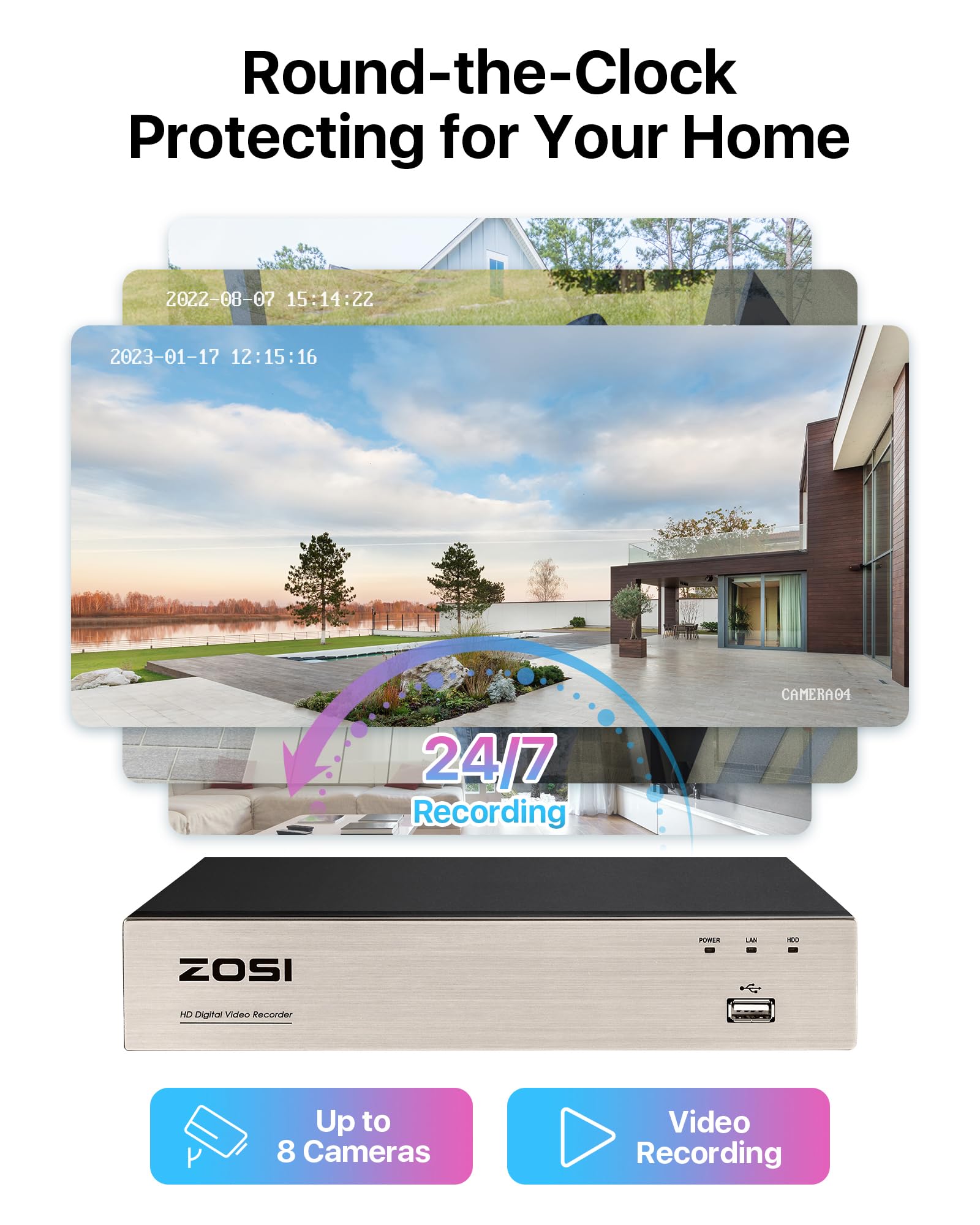 ZOSI 1080P Kit de Cámara de Vigilancia 8 Cámara de Seguridad Exterior con 8CH 2MP H.265+ Grabador DVR, Visión Nocturna, Alarma Remoto, Ver en Móvil, sin HDD