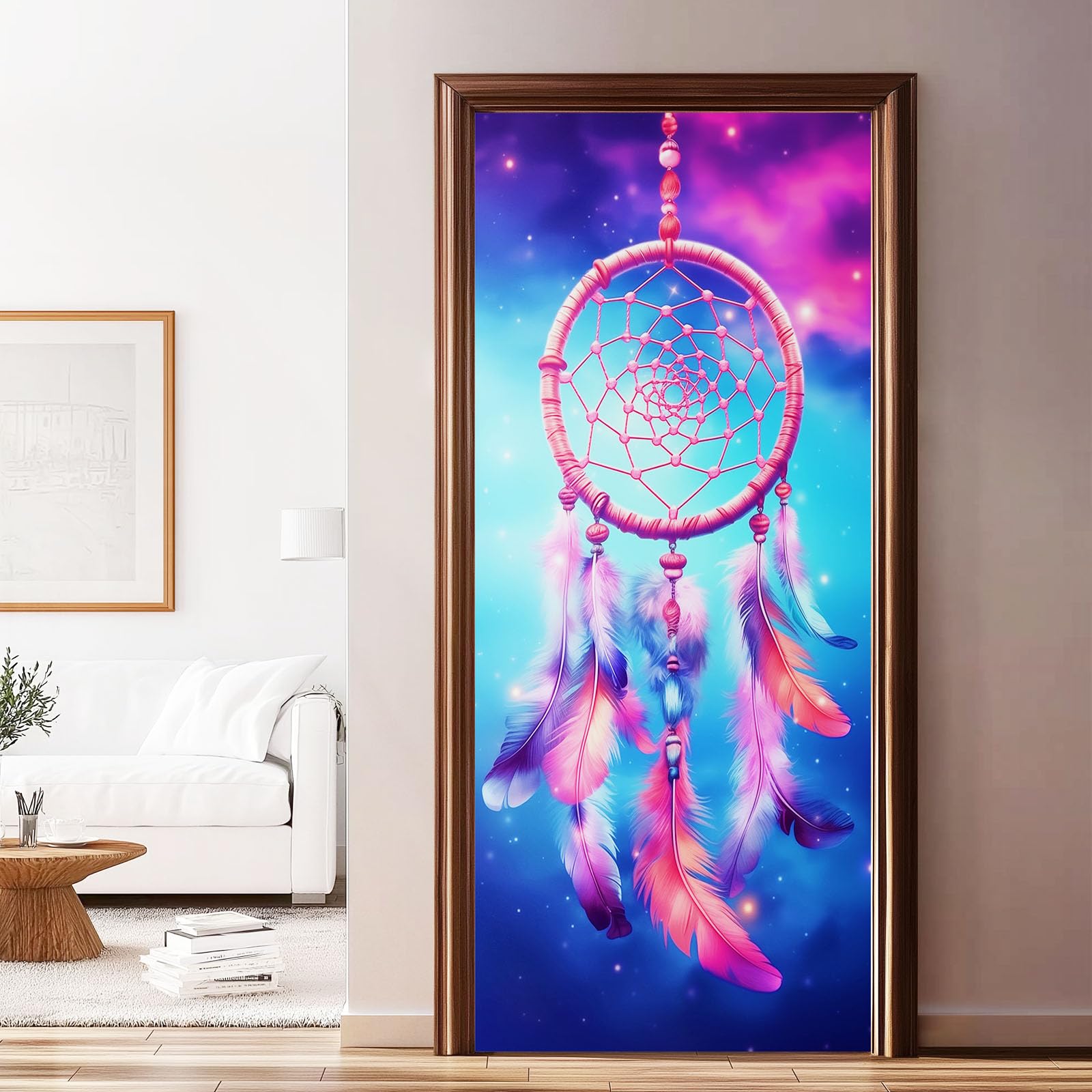 Galaxy Dreamcatcher 3D mural na drzwi, samoprzylepny, fantazyjny kosmos, wszechświat, sztuka, usuwalne murale, naklejki na drzwi, niebieskie naklejki z PCW, do sypialni, łazienki, biura, 95 x 215 cm