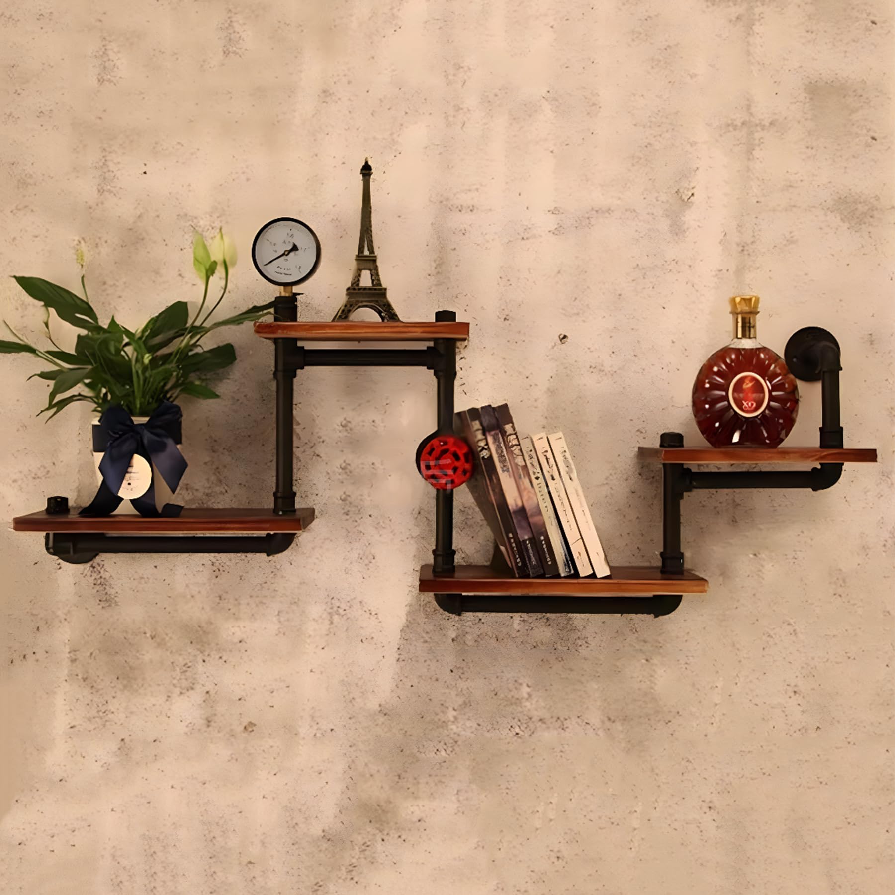 Estantería de pared industrial organizador de almacenamiento de tubos de metal rústico con estantes de madera, estantes flotantes de decoración para sala de estar, dormitorio y cocina