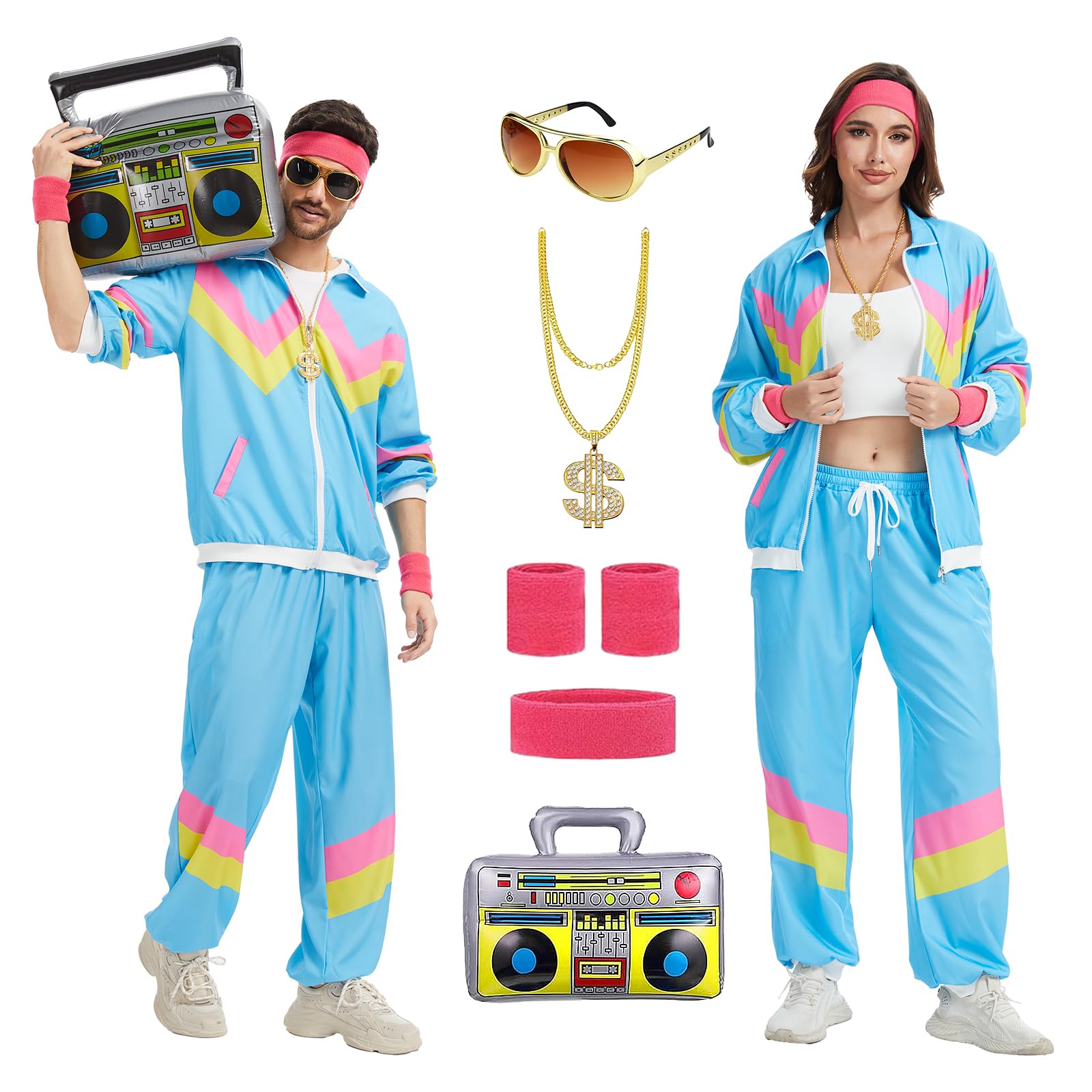 rumnigh 80s 90s Fancy Shell Suit Costume Men Women Adults, 80s Disco Hip Hop Tracksuit for Halloween Carnival Party (Blue, M)