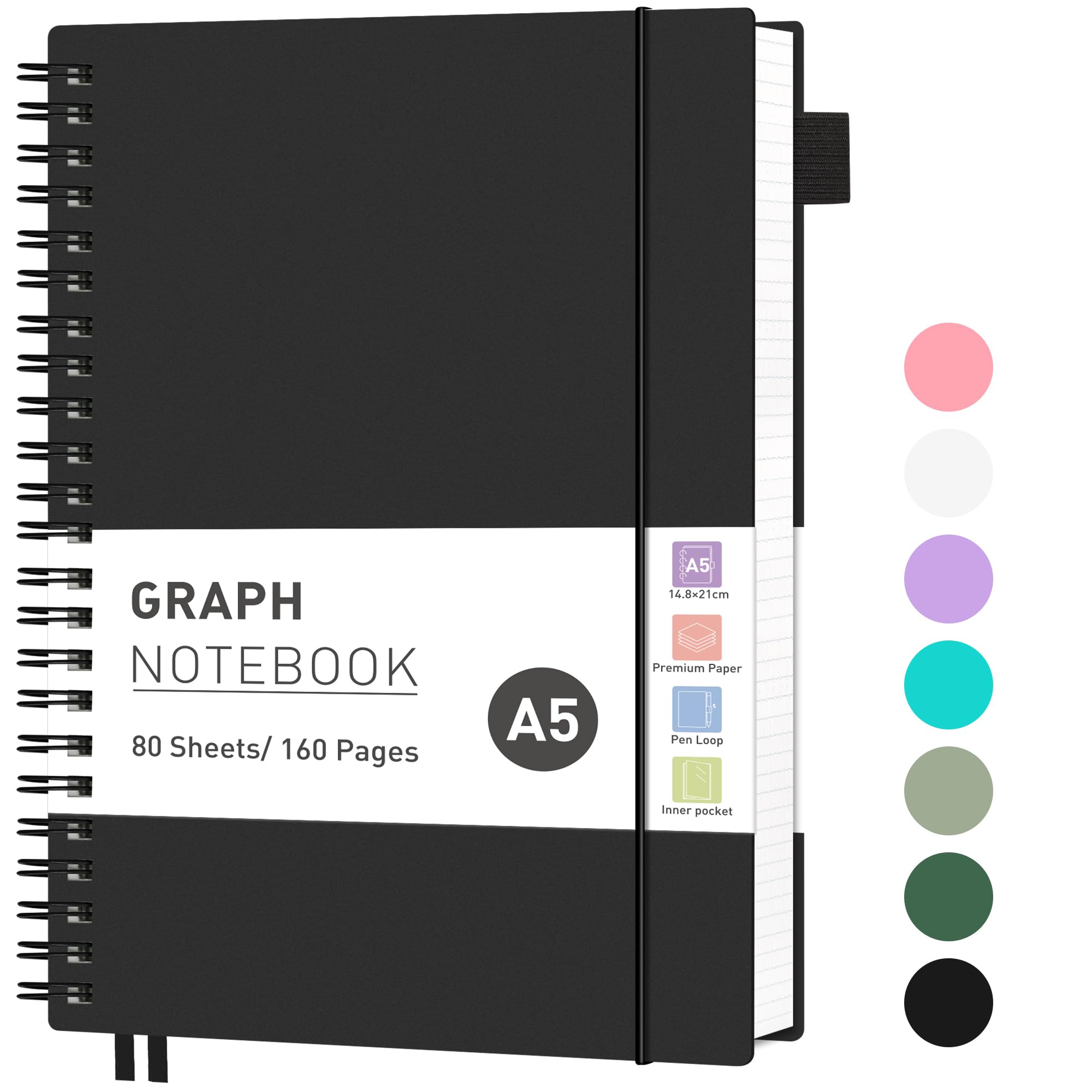RETTACY Graph Grid Paper Notebook, 160 Pages, A5 Size (14.5 x 21 cm), 5mm per Square, 100 GSM Thick Paper