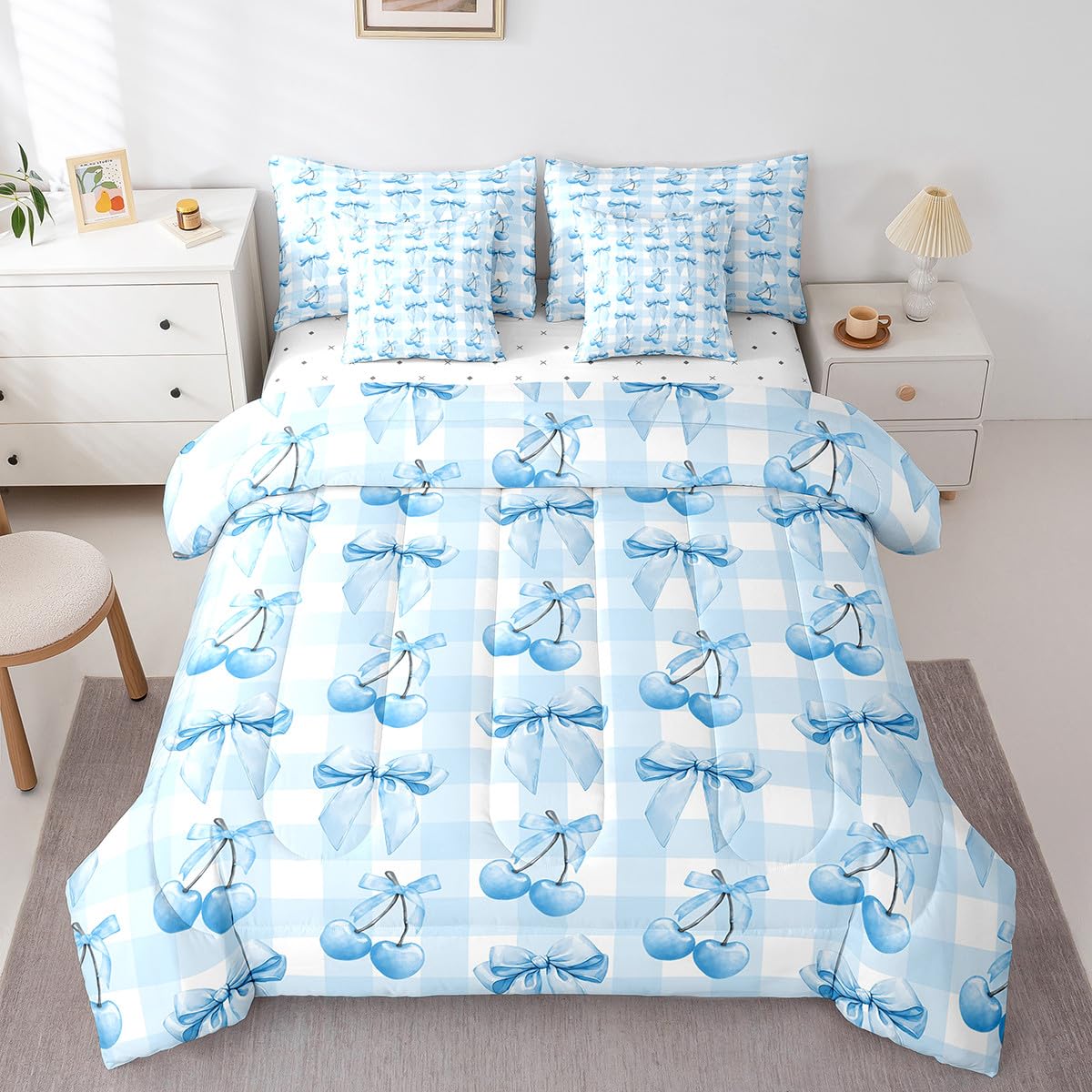 Erosebridal Blue Cherry Bow Bedding Set Ribbon Bowknot Twin Comforter Set 7 Piece Cute Kawaii Bow Bed in A Bag for Kids Teen Adults Room Decor,Watercolor Geometric Plaid Bowknot Bed Set