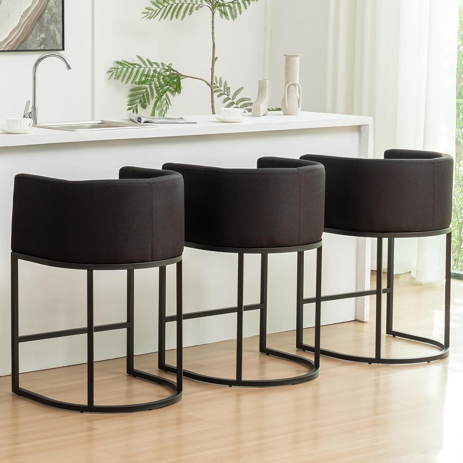 Counter Height Bar Stools Set of 3, Modern Bar Stool with Back, Barrel Bar Chairs with Metal Frames, Upholstered Barstools for Kitchen Island, Pub, Club (Black)