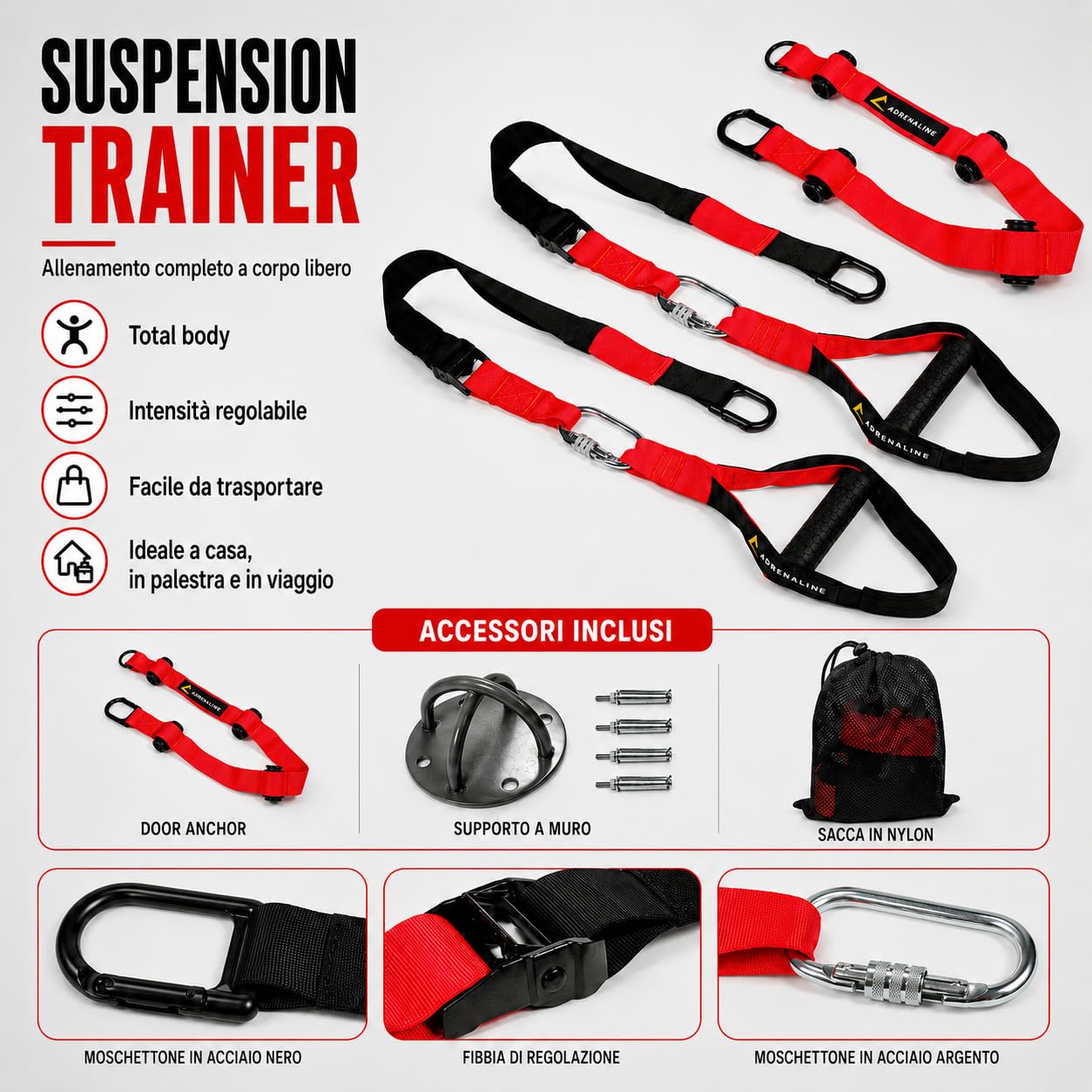 Suspension Trainer Adrenaline per Allenamento in Sospensione, Cinghie Regolabili 140-190 cm con Door Anchor, Supporto a Muro e Sacca, Attrezzo Fitness per Corpo Libero, Home Gym e Functional Training