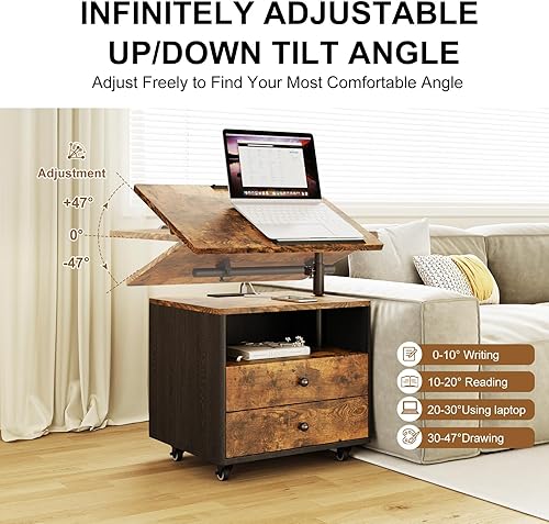 Miniatura 8 de Mesita de noche para dormitorio con cajones y estación de carga, mesa auxiliar ajustable con ruedas, mesas auxiliares pequeñas de sofá de madera con