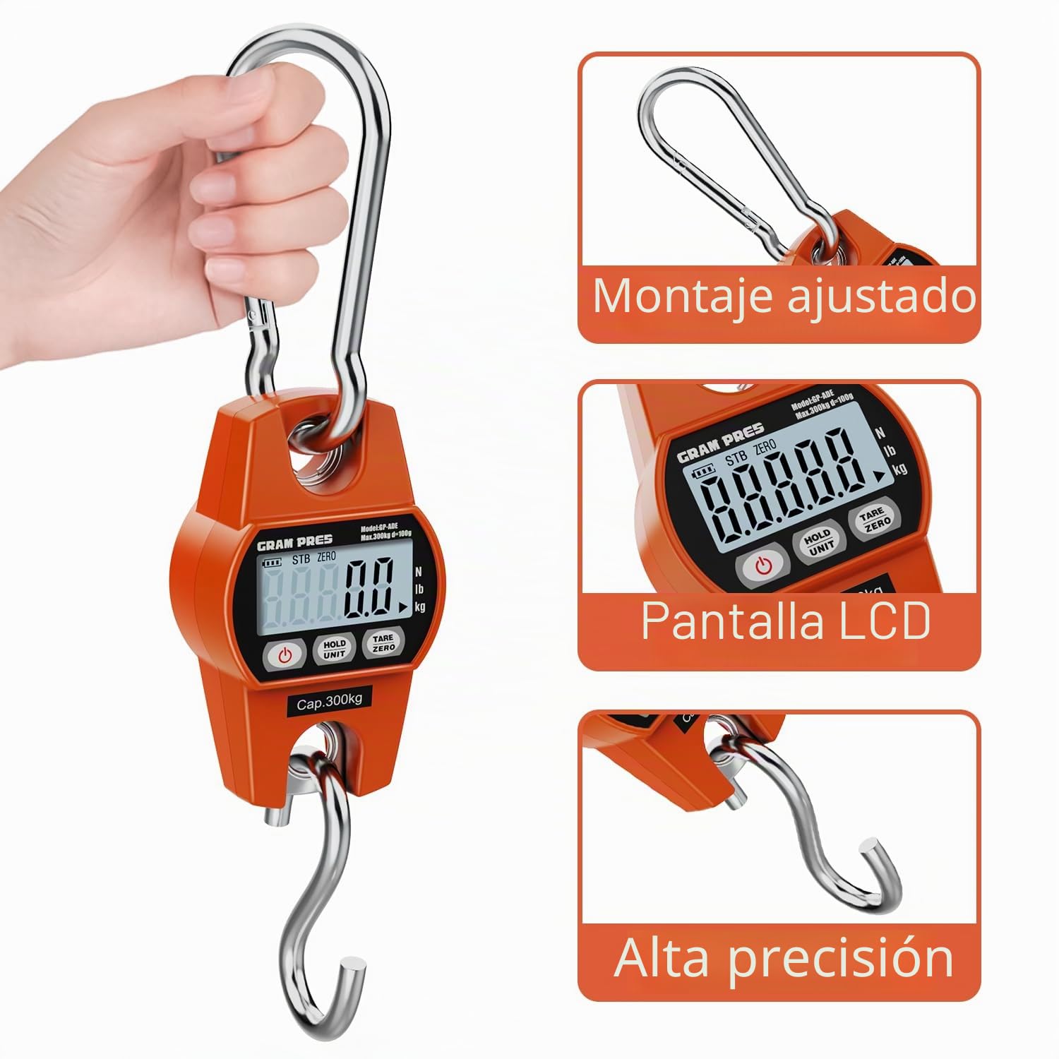 GRAM PRES Báscula colgante digital, mini báscula de grúa 300KG/100g, báscula para caza de ciervos, báscula digital con gancho para granja, pescado, equipaje, actividades al aire libre.