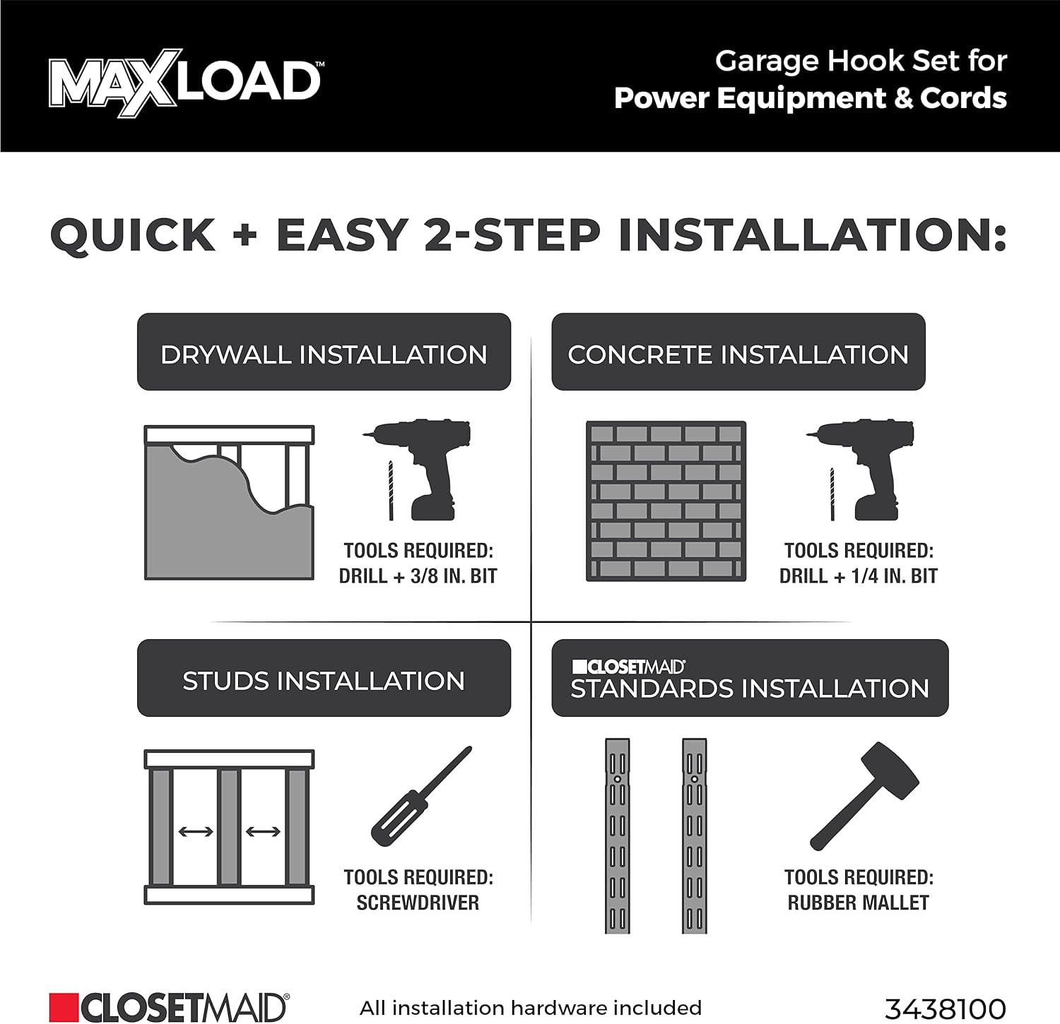 ClosetMaid MaxLoad 2-Pack Garage Hooks & Hangers Wall Mount Heavy Duty Storage for Cords, Hoses, Power Equipment, Black : Everything Else