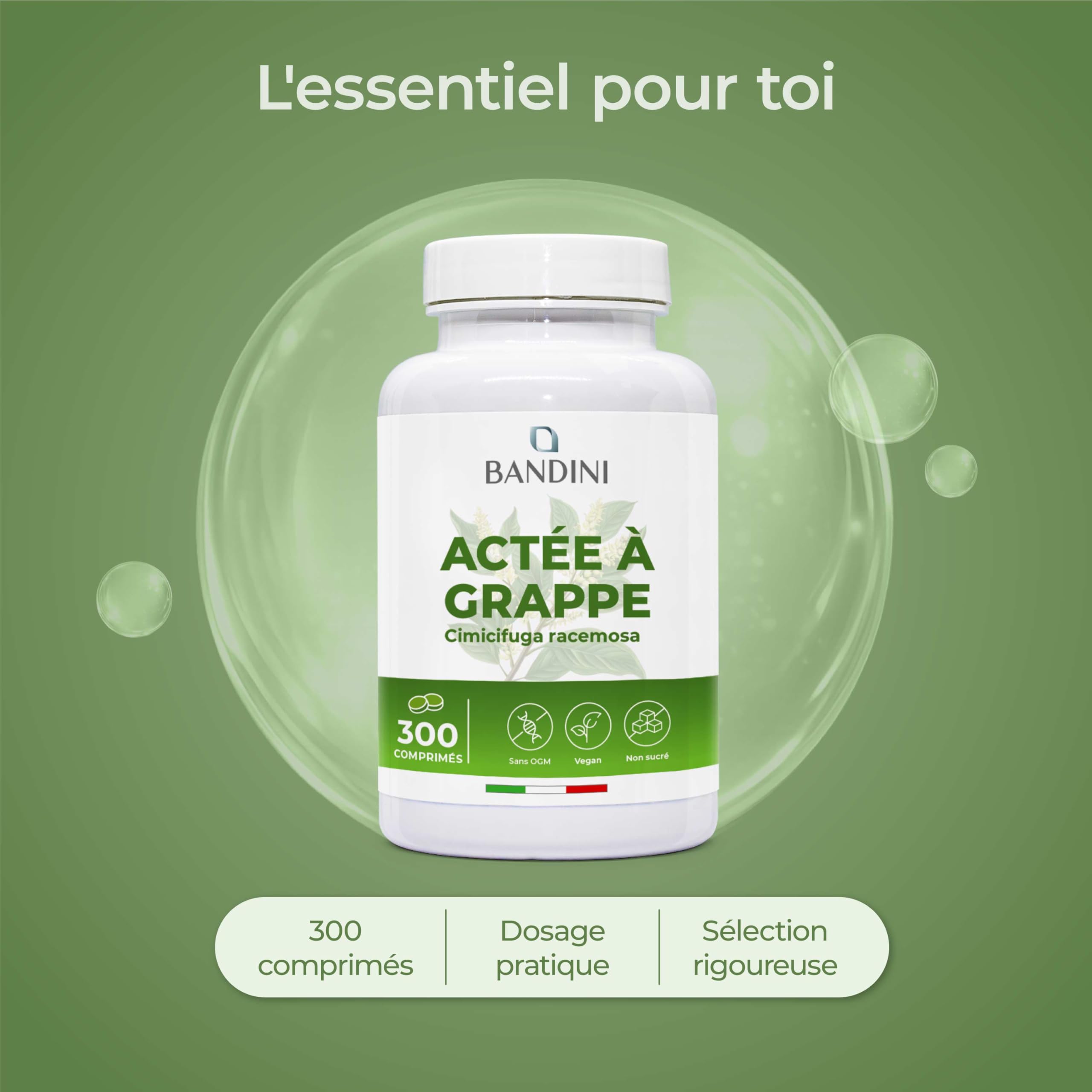 Bandini® Actée à grappe 300 comprimés | Cimicifuga racemosa ou Actaea racemosa rhizome extrait sec | Complément alimentaire Vegan | 300 mg par dose quotidienne | Supplément Naturel et Végétalien