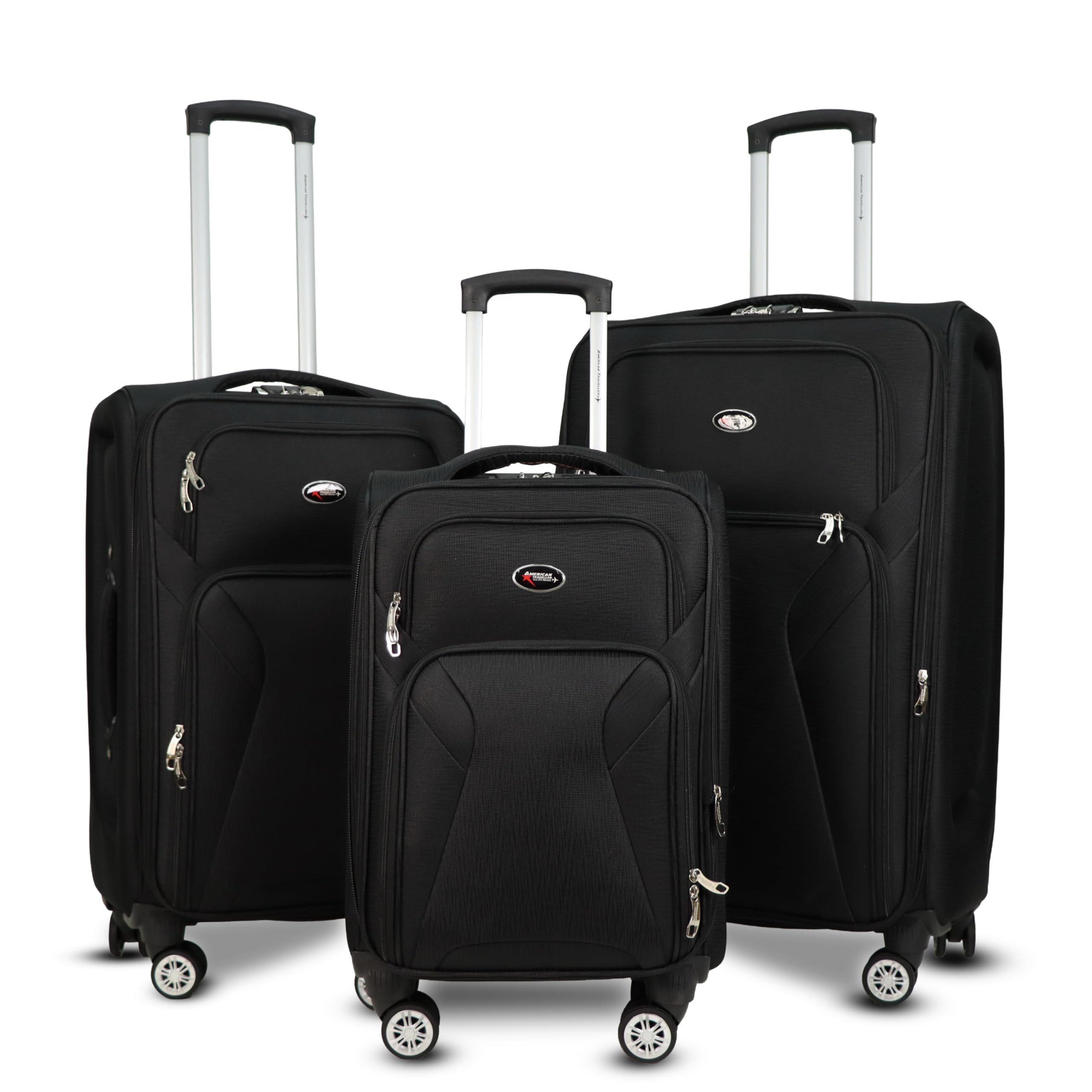 Touris Bite 3-Piece Softside Trolley Luggage Set, 360° Spinner Wheels, Telescopic Handle, Front Pockets, Twill Fabric, Black, Navy Blue, Brown (3, Black, S,M,L)-image-27