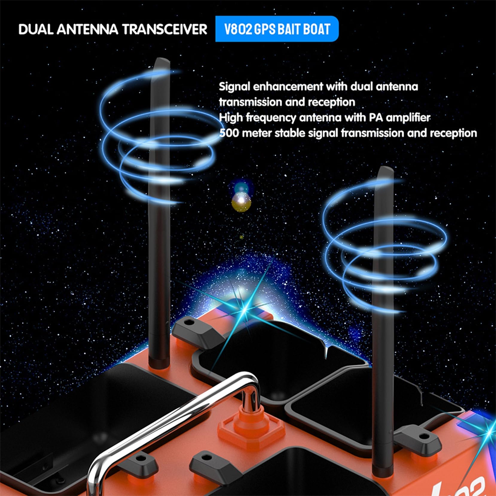 Inteligentna łódź wędkarska RC GPS z podwójnym silnikiem, cztery lejki, duża pojemność LED, pomarańczowa, 12000 mAh