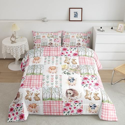 Erosebridal Juego de ropa de cama Kawaii con diseño de dibujos animados de conejo, erizo y oso para niños y niñas, juego de edredón a cuadros rosa a