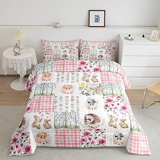 Erosebridal Kawaii Bedding Set Cartoon Rabbit Hedgehog Bear Quilt for Kids Girls,Pink Checkered Buffalo Plaid ComforterÂ Set Pine Trees Woodland Duvet Insert Twin,Rustic Flowers Arrow Cute Room Decor