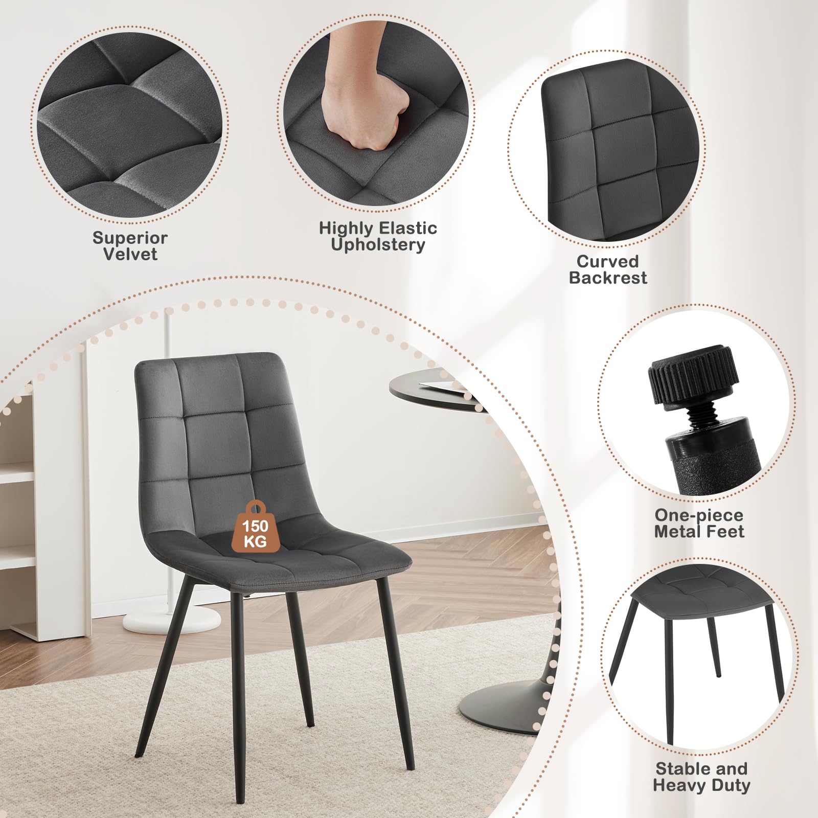 EUGAD Esszimmerstühle 4er Set, für Esszimmer Küche Wohnzimmer, Küchenstühle gepolstert mit Rückenlehne Samtbezug, mit Metallbeinen, 150 kg belastbar, Dunkelgrau