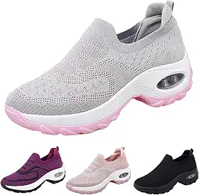 Tênis feminino com plataforma ortopédica de malha de malha com suporte de arco, leve, respirável, antiderrapante, para treino, corrida, trabalho, mocassim