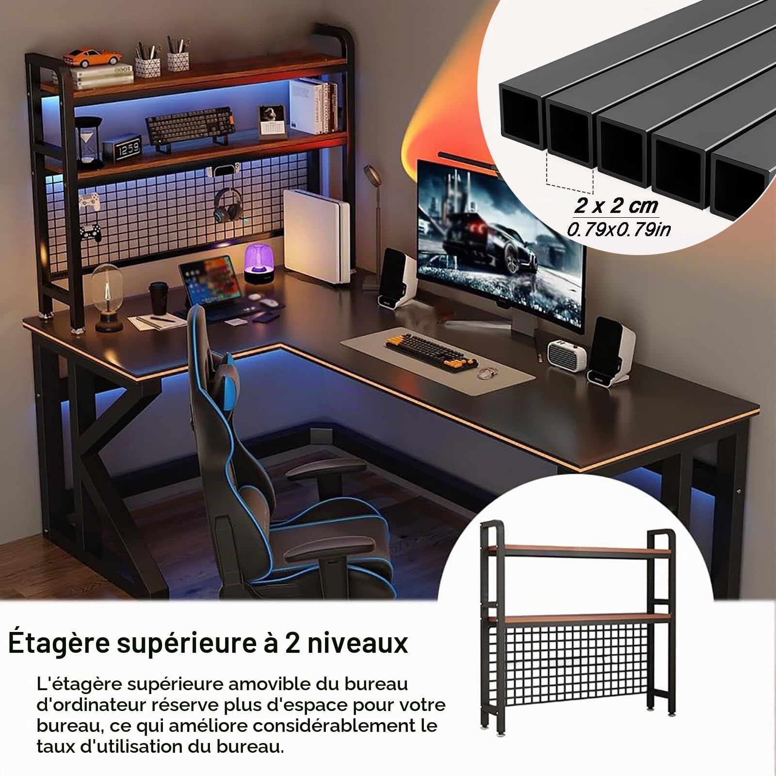 Bibliothèque de Bureau à 3 Niveaux, étagère de comptoir Polyvalente en métal, étagère de Bureau, étagère de Rangement, présentation, Organiseur (Noir, 95cm)