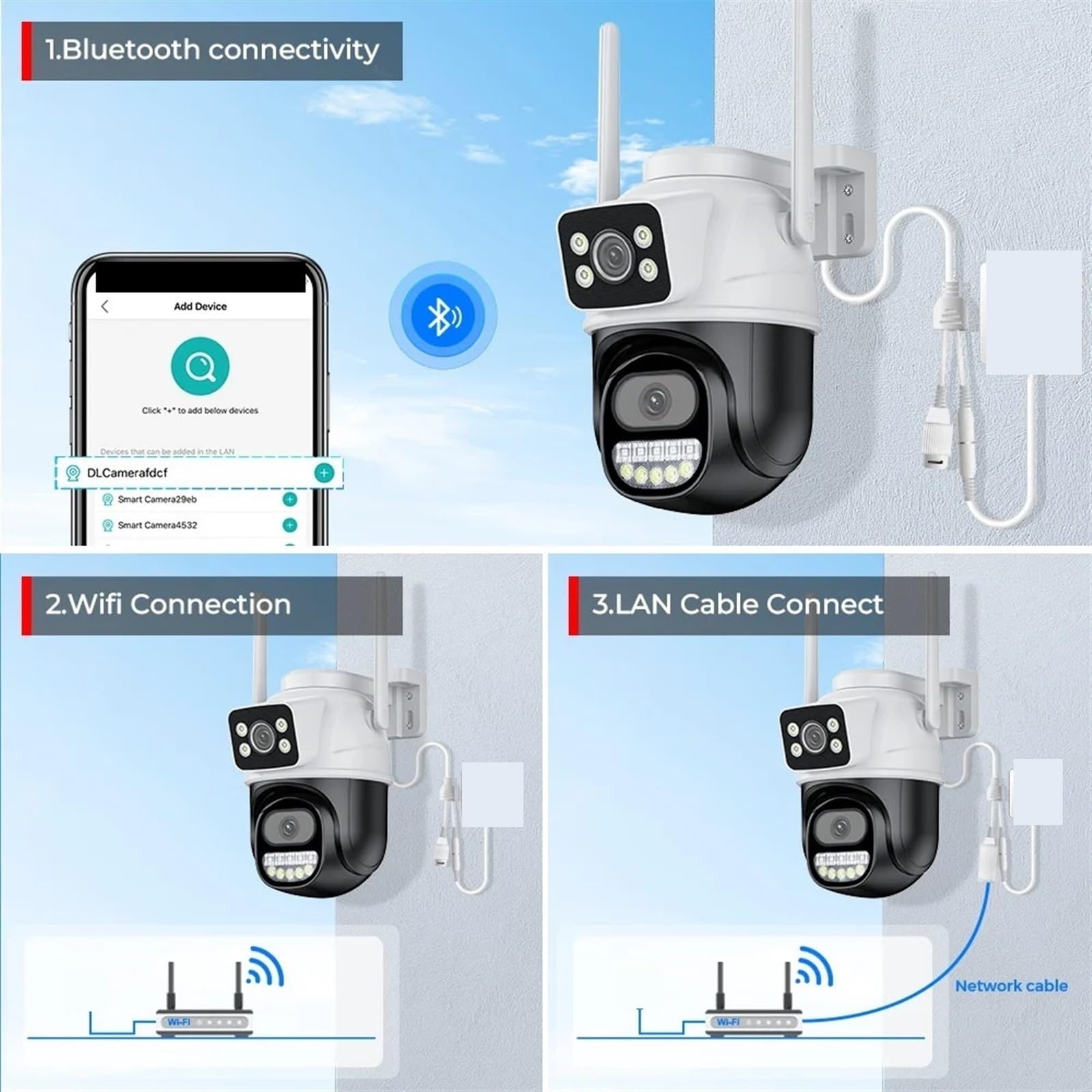 Caméra de sécurité, Caméra PTZ Double écran 8MP, Audio bidirectionnel, Vision Nocturne Couleur, Protection de sécurité extérieure, vidéosurveillance IP(2pcs 4MP 32GB Card)