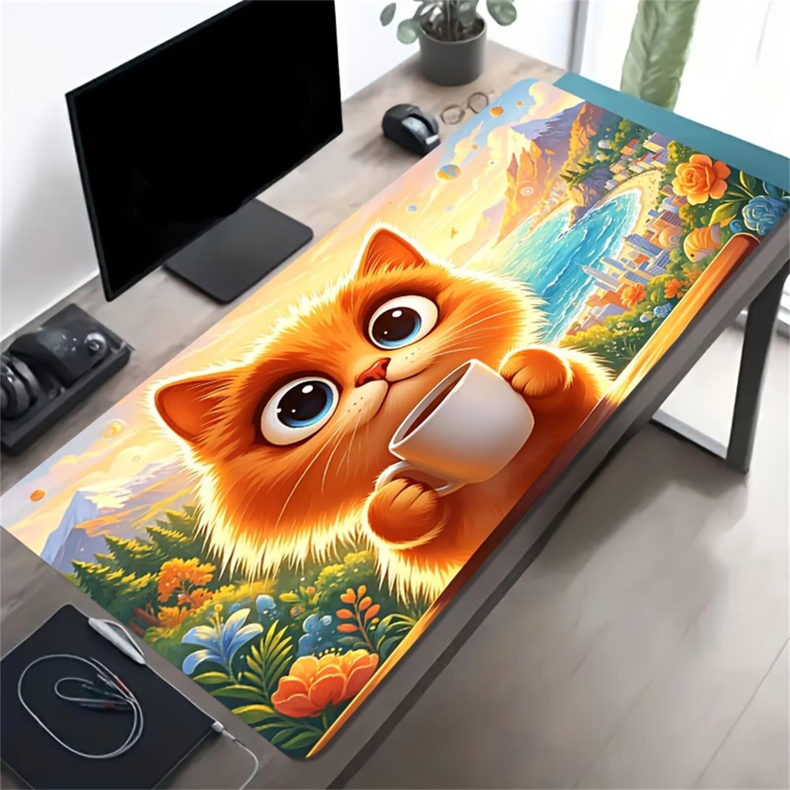 Alfombrilla para Ratón Gaming 1200x600x3mm – Alfombra de Escritorio Grande – Café Flower Cat, Bordes Reforzados Anti-Desgaste y Superficie Lisa para Ratón Óptico y Láser