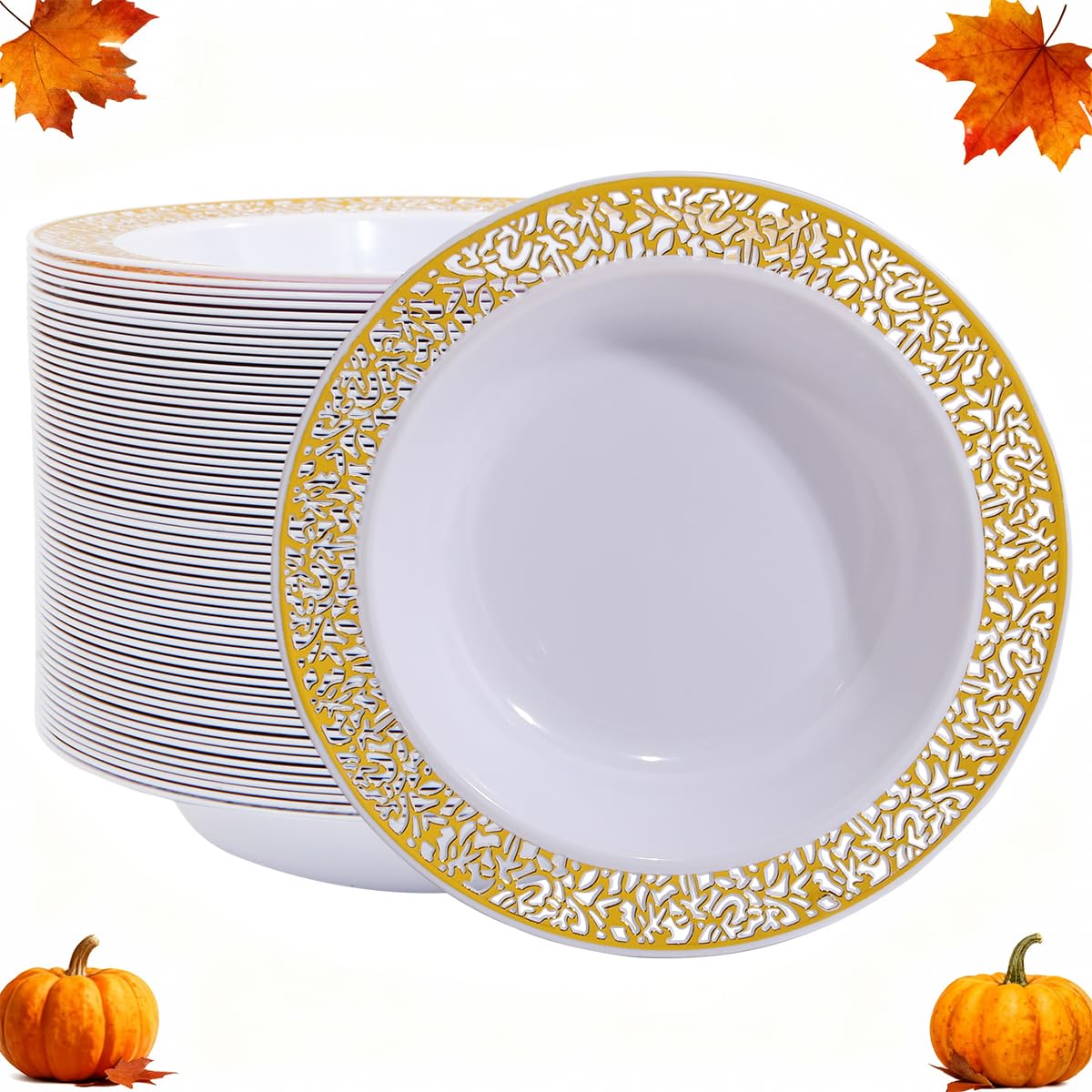 I00000 60 PCS Gold Disposable Soup Bowls,12 oz Plastic Soup Bowls with Gold Rim,Heavy Duty Plastic Bowl for Thanksgiving,Christmas,Wedding and Party