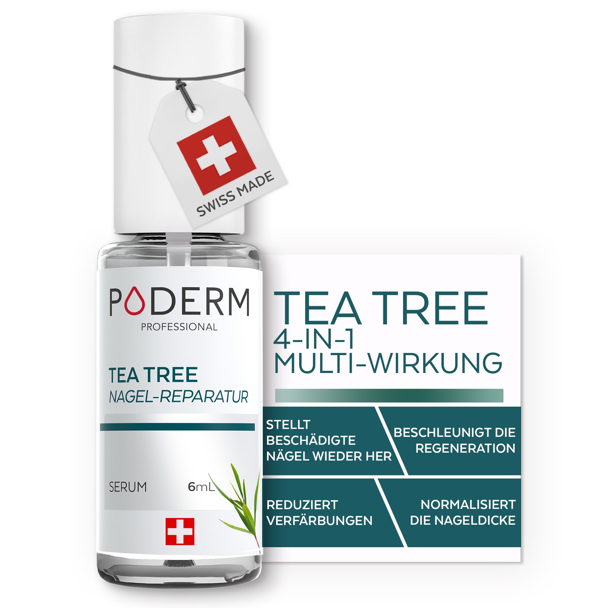PODERM Tea Tree Nagel-Repair-Serum 6 ml – 4-in-1 Pflege | Verbessert das Erscheinungsbild beschädigter, vergilbter und matter Nägel – Sichtbare Ergebnisse ab dem 1. Tag – Swiss Made