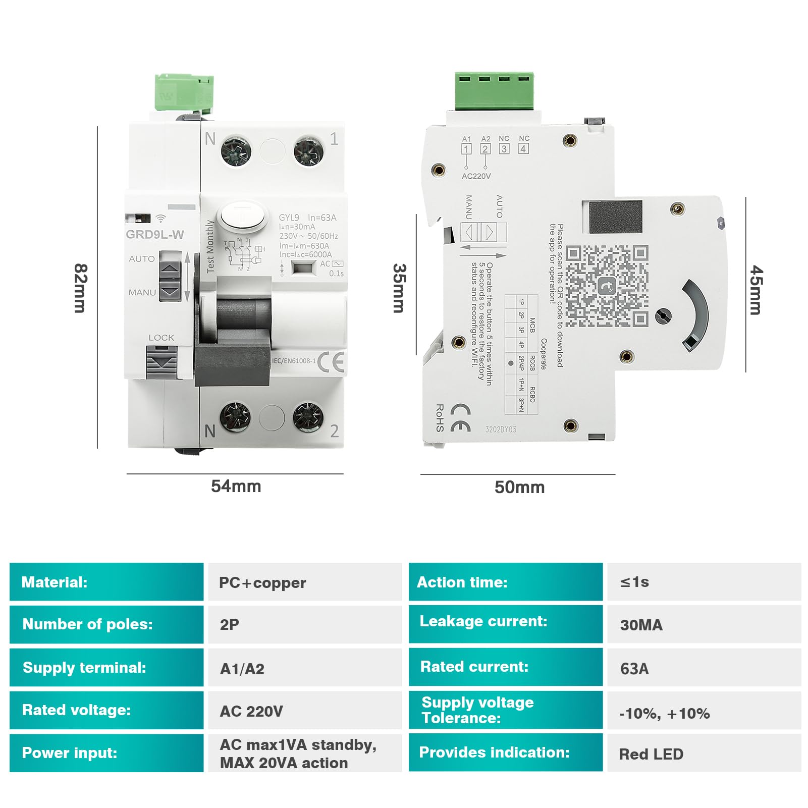 63A 30MA 2 polos wifi disyuntor MCB/RCCB magnetotermico wifi disyuntor inteligente diferencial modo AUTO controlable por APP.