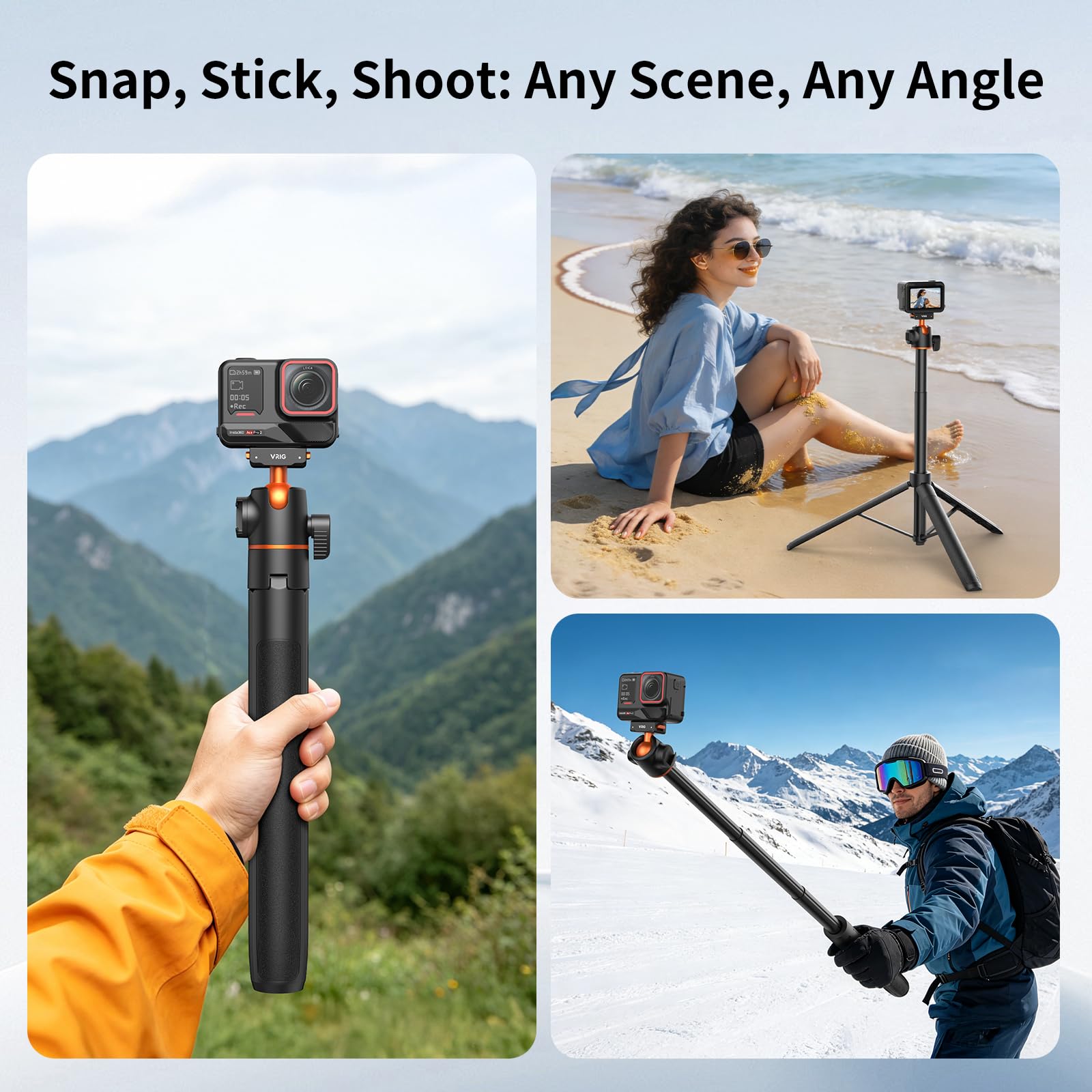VRIG - Treppiede magnetico a sgancio rapido per Insta360 X6/X5/Ace Pro2 | 360 Testa a sfera allungabile Selfie Stick/Travel Vlogging Stand/Impugnatura portatile/Accessori