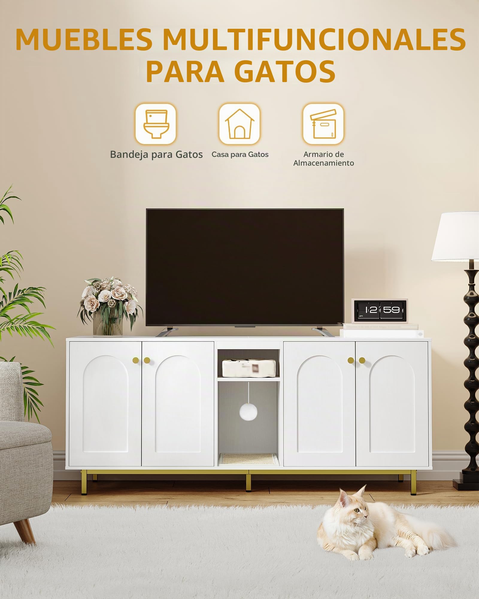 Hzuaneri Mueble Arenero Gato, Oculto para Arenero con Espacio de Almacenamiento, Bola para Gatos, Mueble de TV o Armario de Almacenamiento, 140 x 48 x 62 cm, Blanco-Oro CB86513A