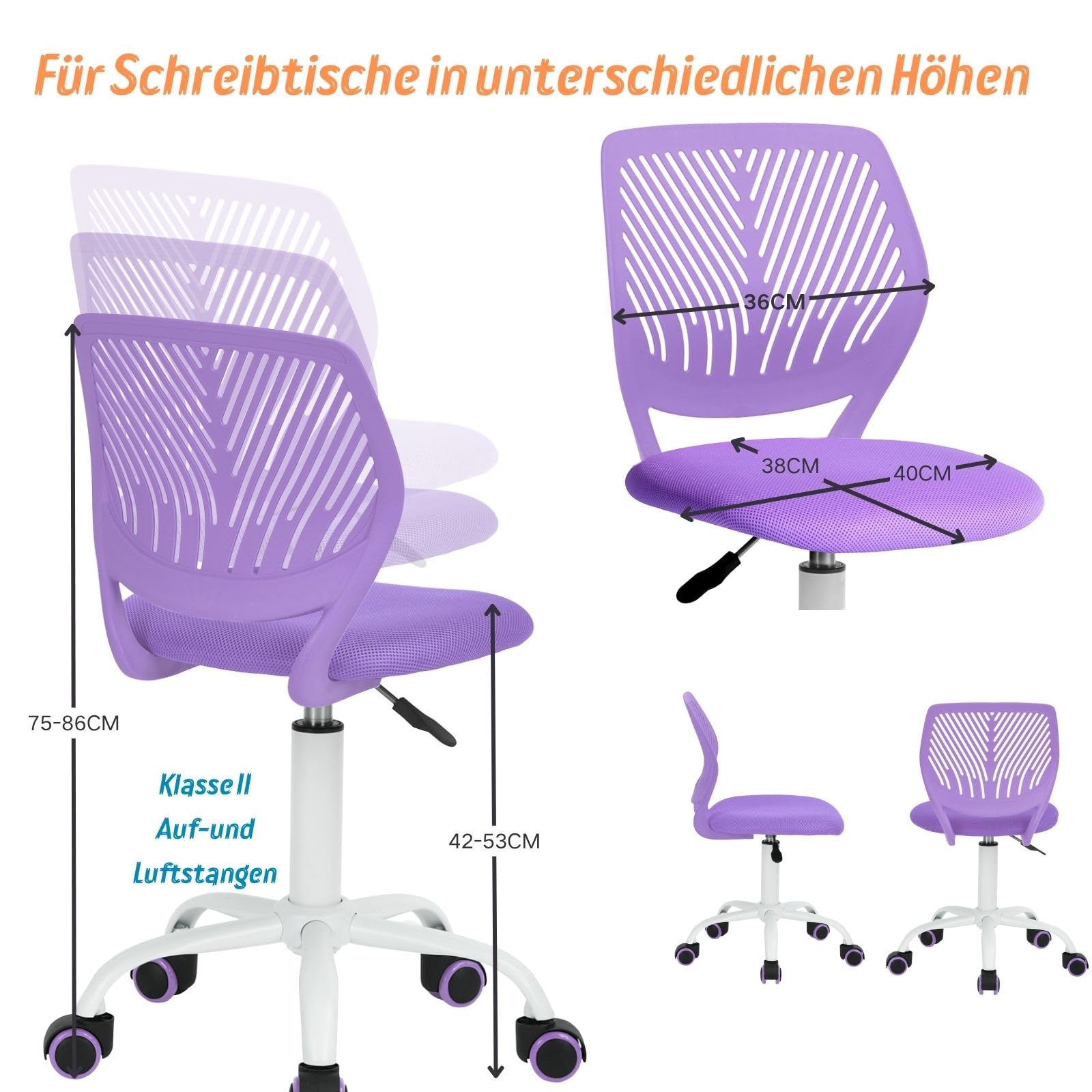 FurnitureR Bügelhilfe Hocker Drehstuhl Höhenverstellbar 40-50cm Sitzhöhe Stoff PP Rücken PU Rollen