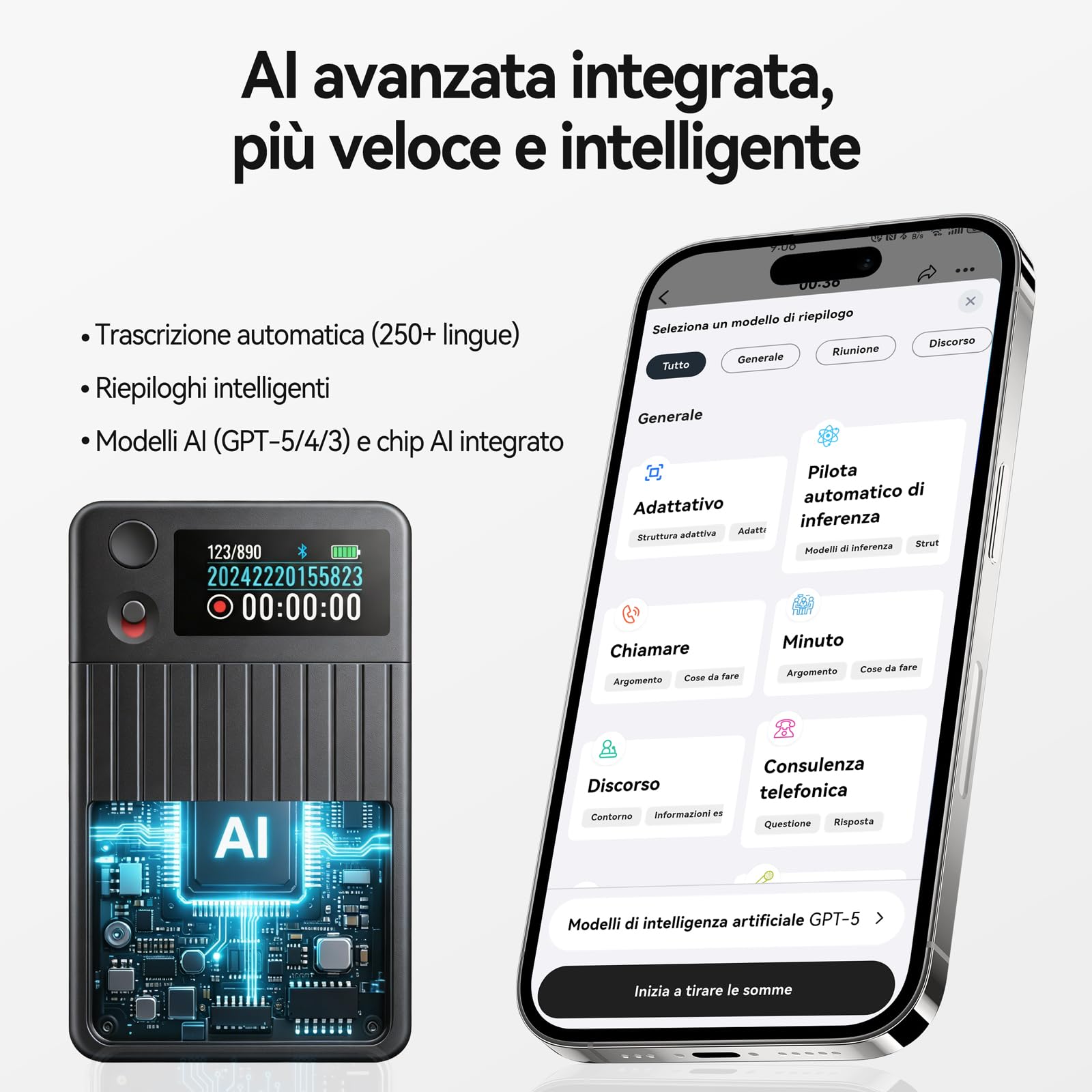 Registratore Vocale AI con Trascrizione e Riassunti AI Avanzati, 1200 Minuti al Mese, Audio HD, con Custodia, per Riunioni di Lavoro, Lezioni e Chiamate, Regalo per Professionisti e Studenti