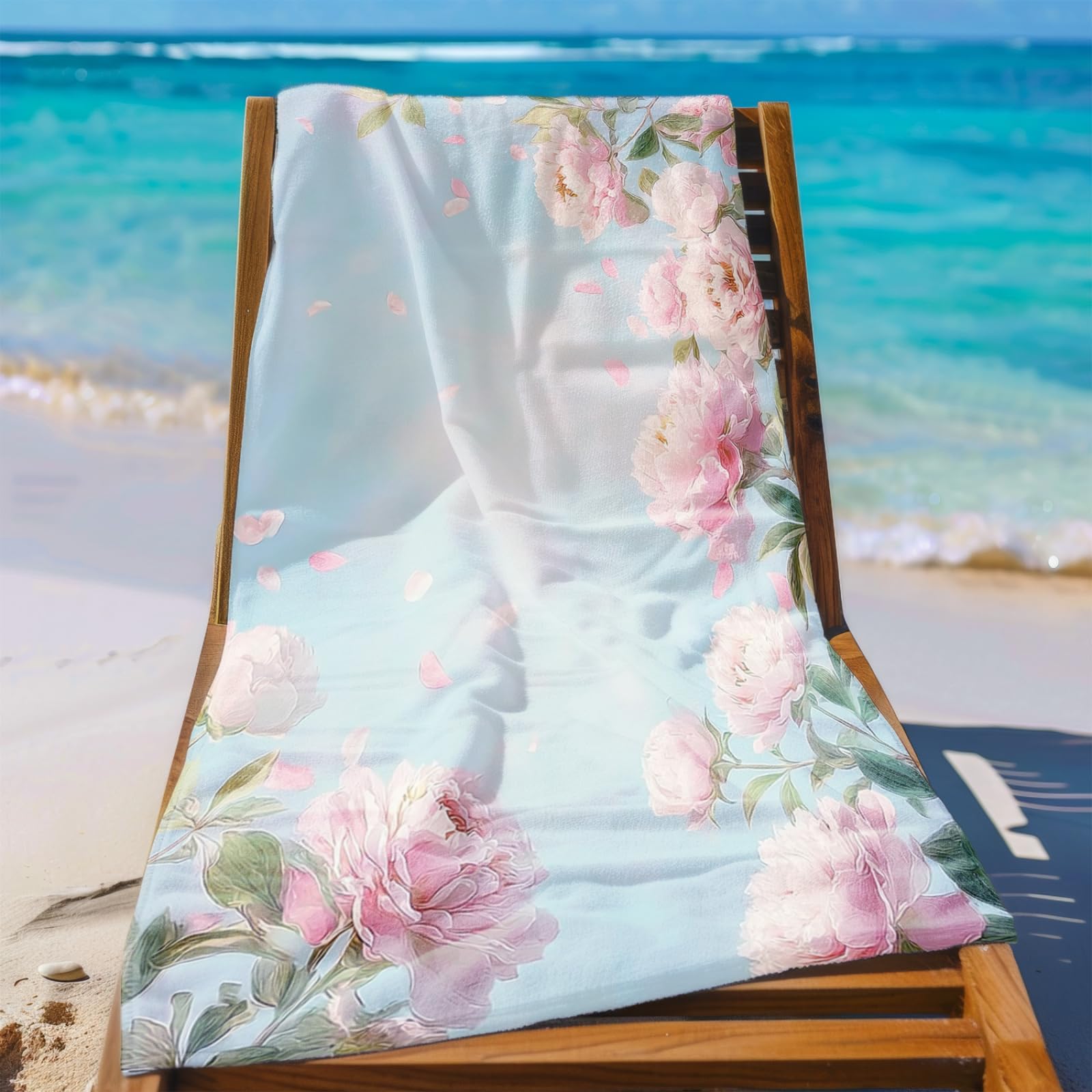 Générique Serviette de Plage XXL Fleurs Roses Bleues | Grande Taille Serviette de Plage et Douche Avec Elastique Microfibre Absorbante et Légère Sport Séchage Rapide